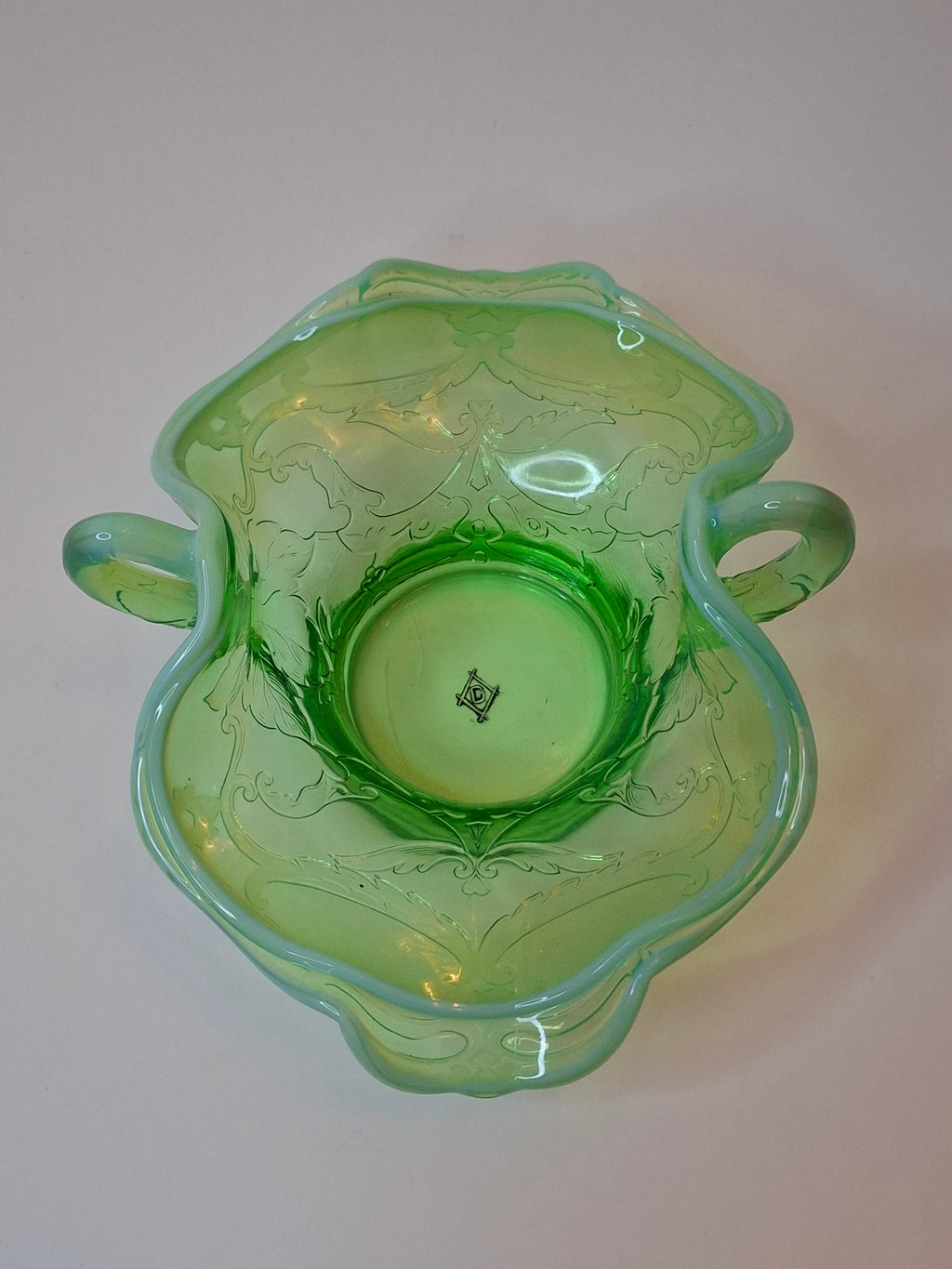 Vintage L.G. Wright Green Opalescent Maple Leaf Glass Sugar Bowl - Northwood Pattern D Hallmark