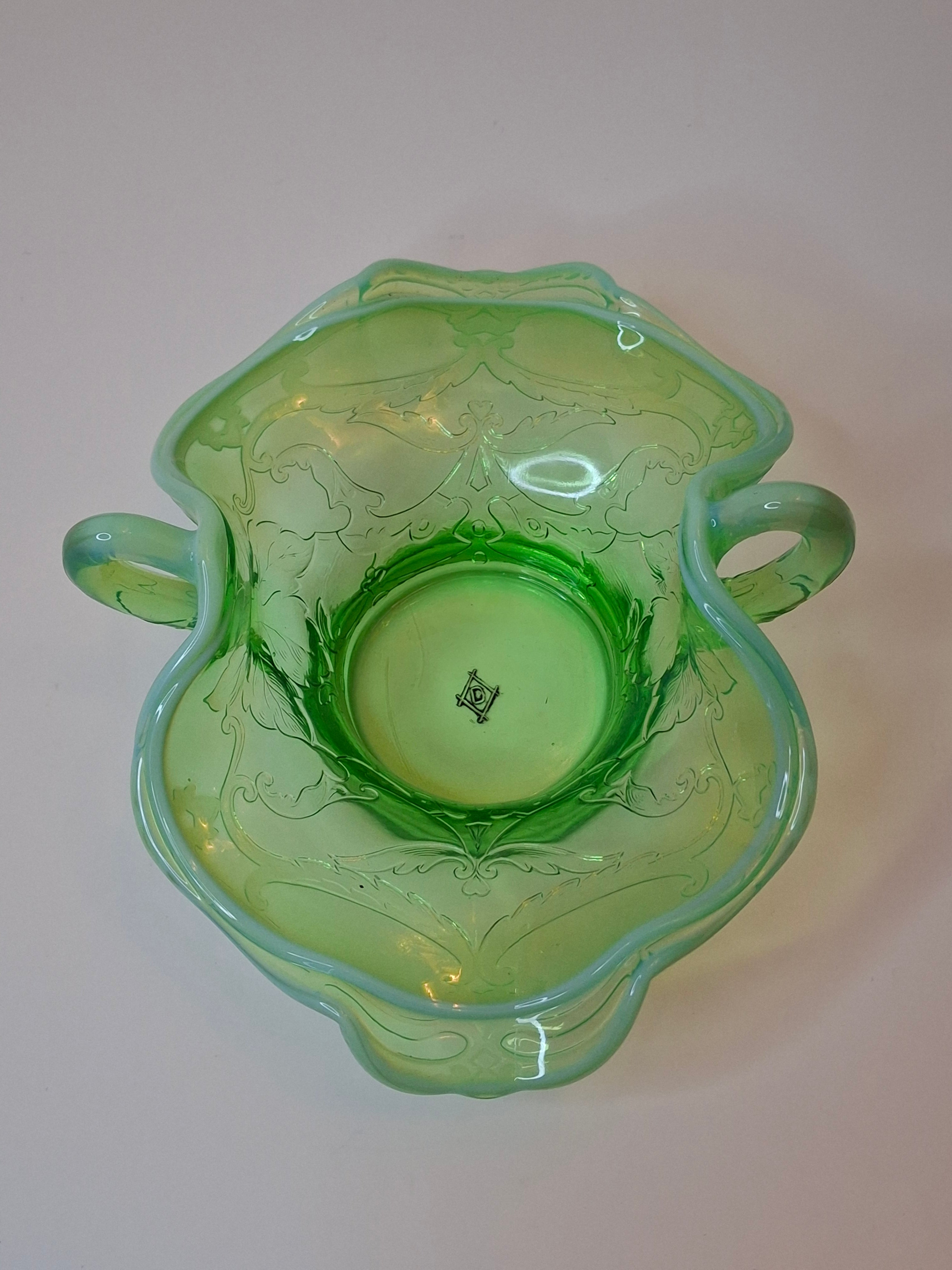 Vintage L.G. Wright Green Opalescent Maple Leaf Glass Sugar Bowl - Northwood Pattern D Hallmark