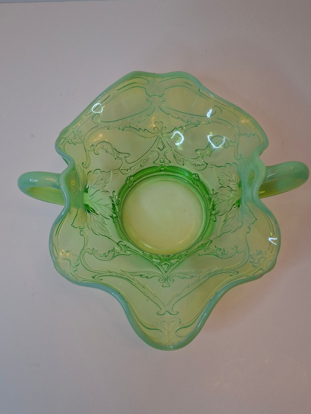 Antique Jefferson Glass Green Opalescent Scroll with Acanthus Sugar Bowl 1905 EAPG