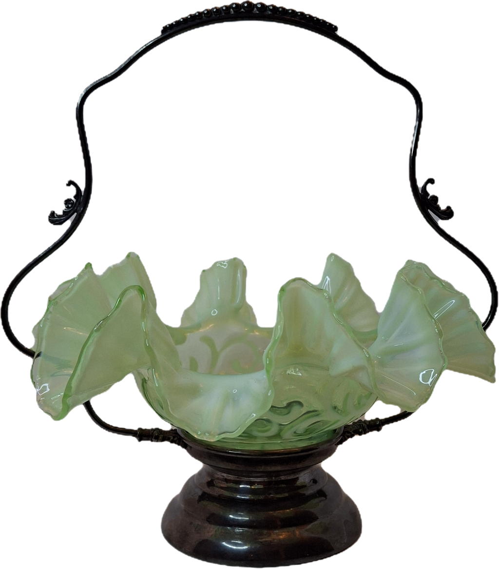 Antique Green Opalescent Jefferson Glass Buttons & Braids Bride's Basket Warren Silver Plate Stand 526 c. 1903