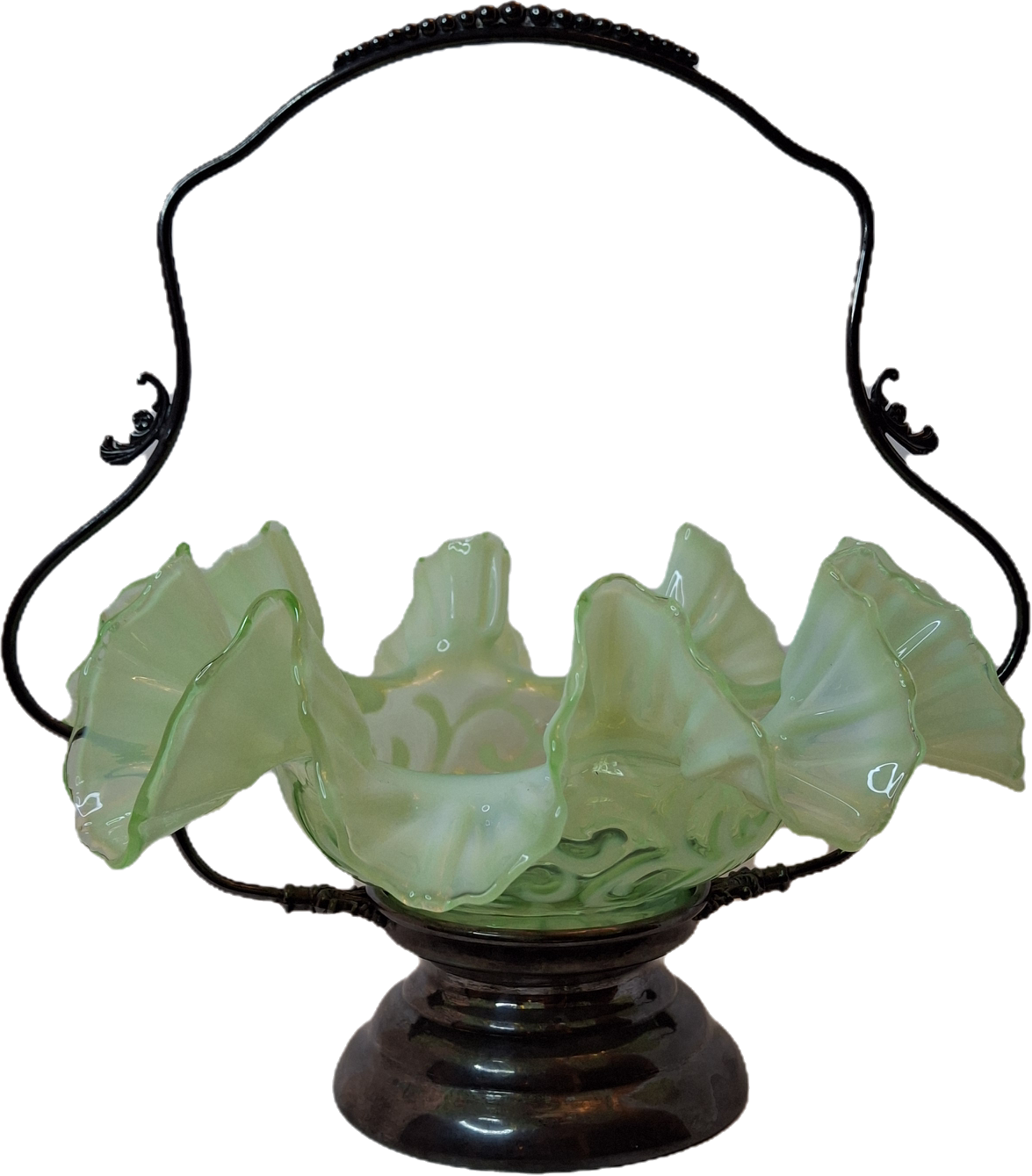 Antique Green Opalescent Jefferson Glass Buttons & Braids Bride's Basket Warren Silver Plate Stand 526 c. 1903