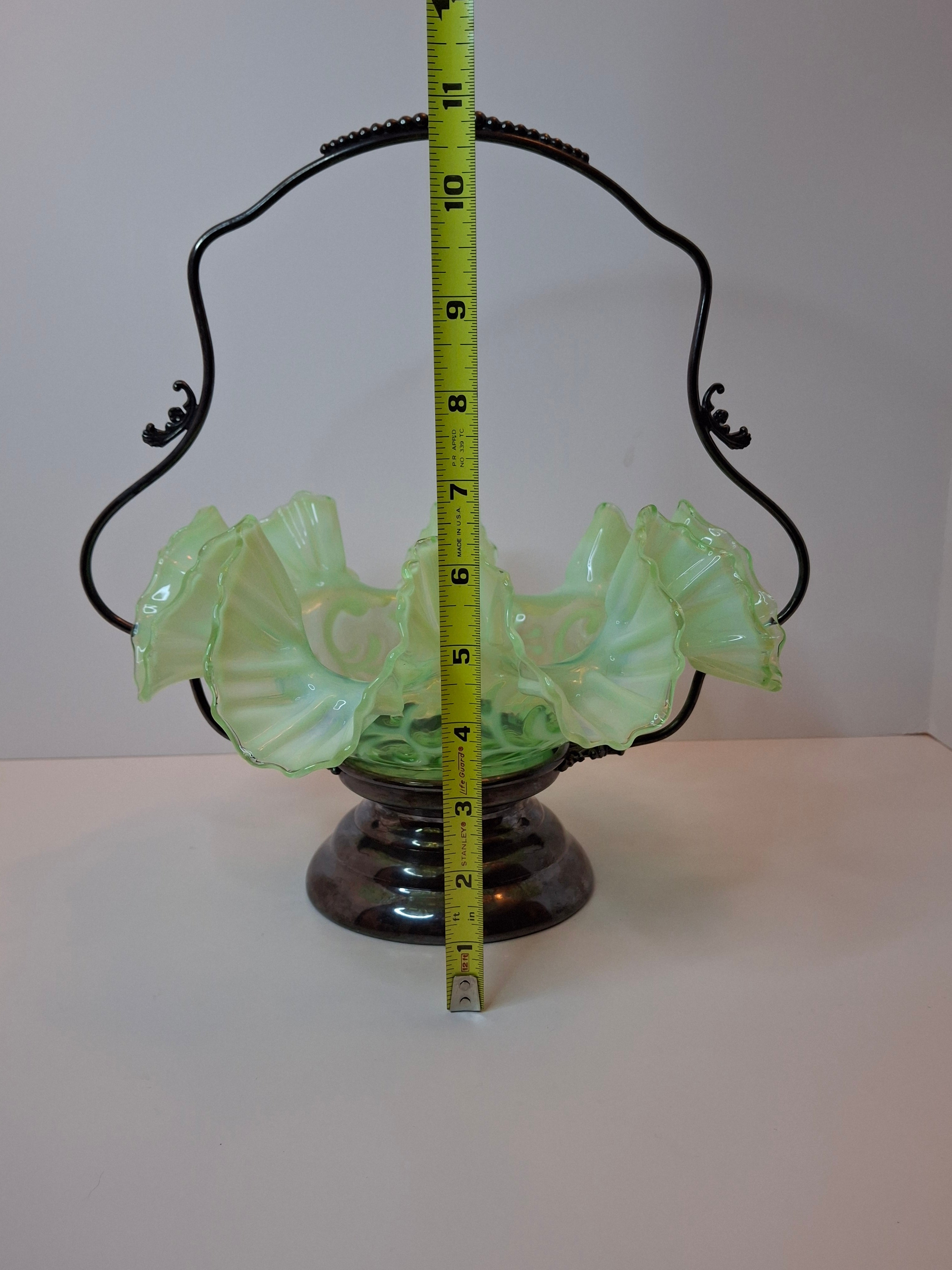 Antique Green Opalescent Jefferson Glass Buttons & Braids Bride's Basket Warren Silver Plate Stand 526 c. 1903