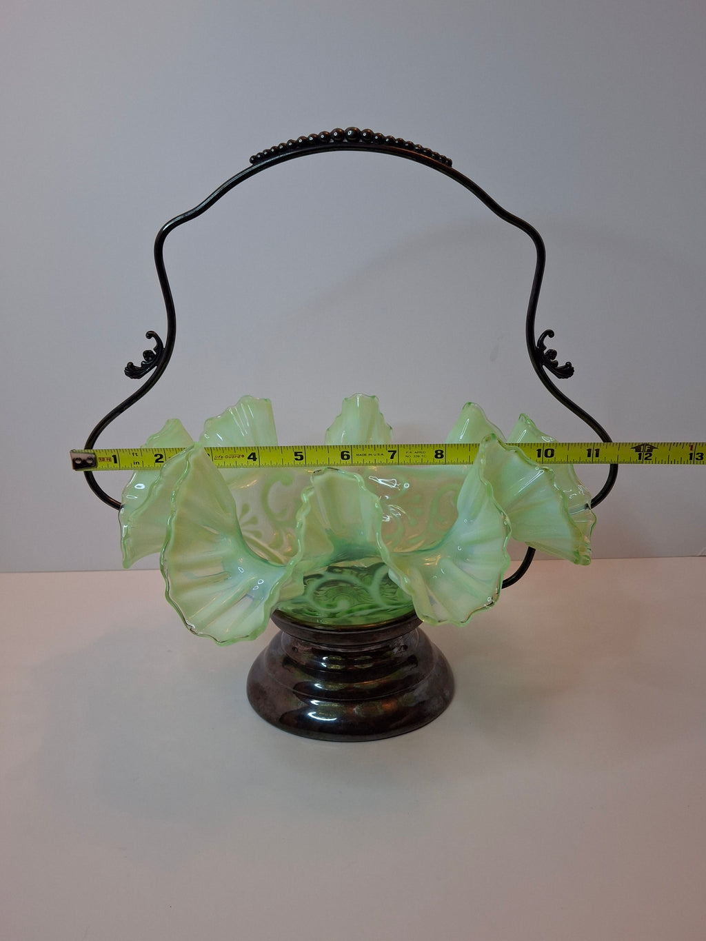 Antique Green Opalescent Jefferson Glass Buttons & Braids Bride's Basket Warren Silver Plate Stand 526 c. 1903