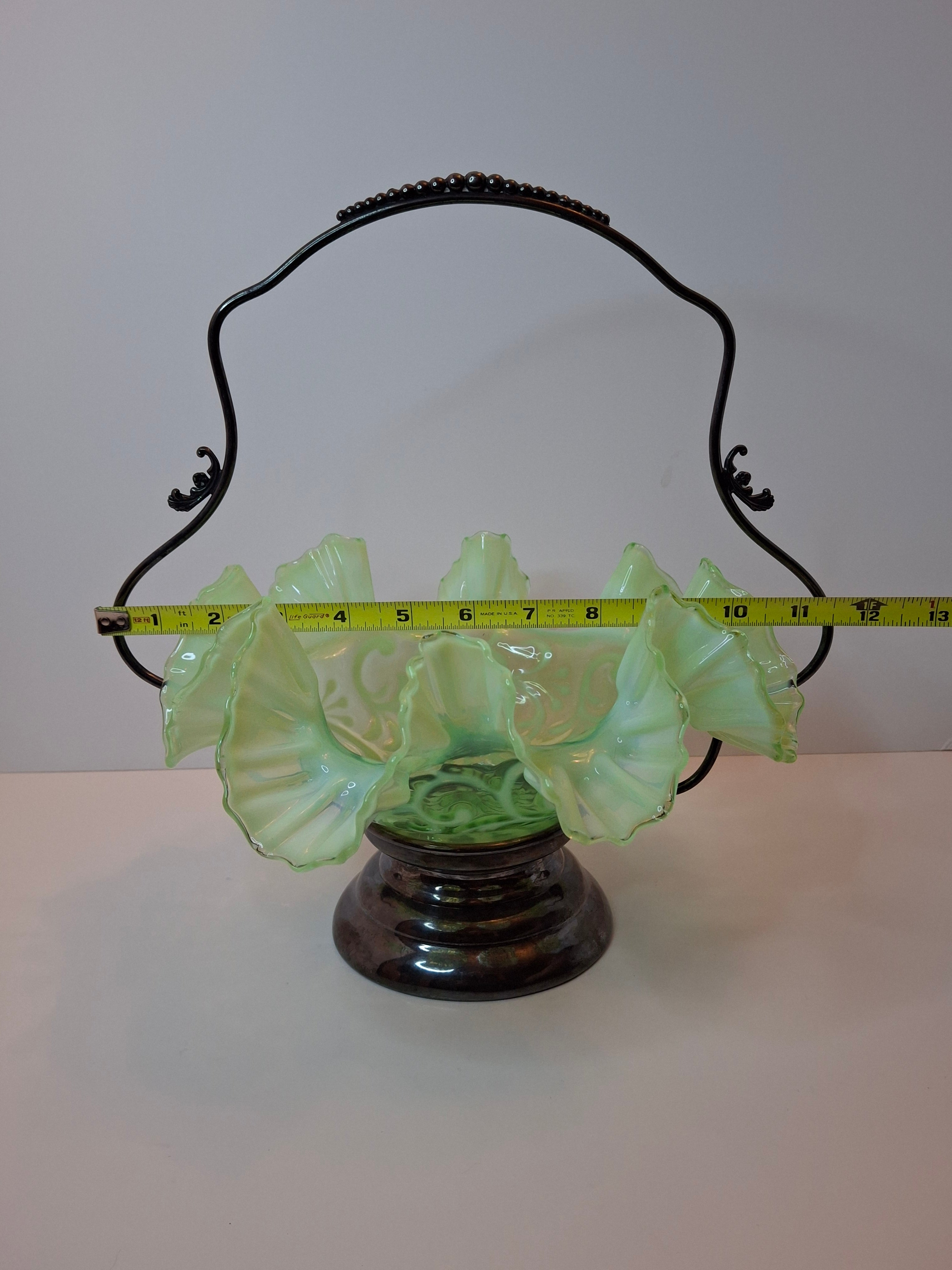 Antique Green Opalescent Jefferson Glass Buttons & Braids Bride's Basket Warren Silver Plate Stand 526 c. 1903