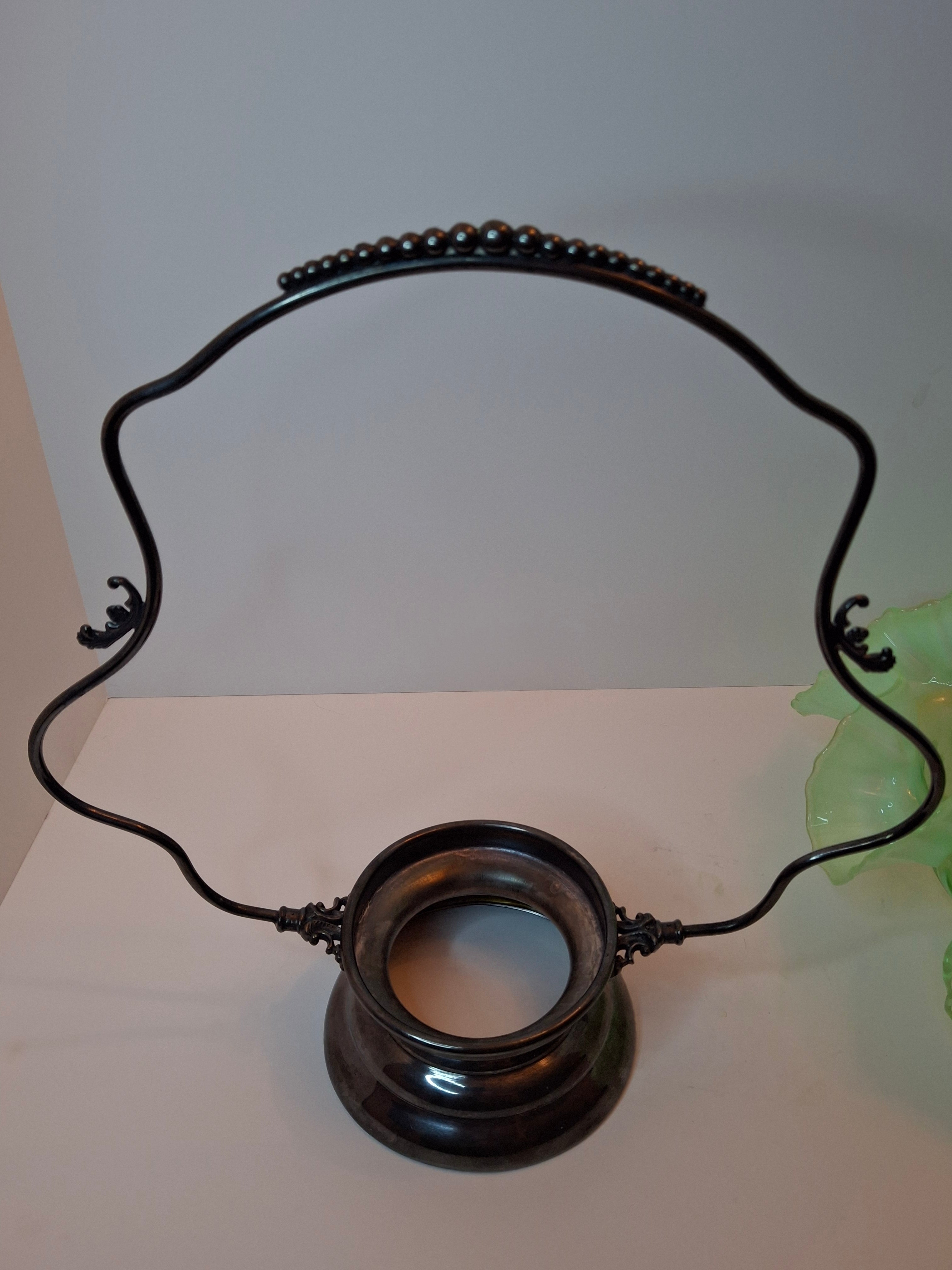 Antique Green Opalescent Jefferson Glass Buttons & Braids Bride's Basket Warren Silver Plate Stand 526 c. 1903