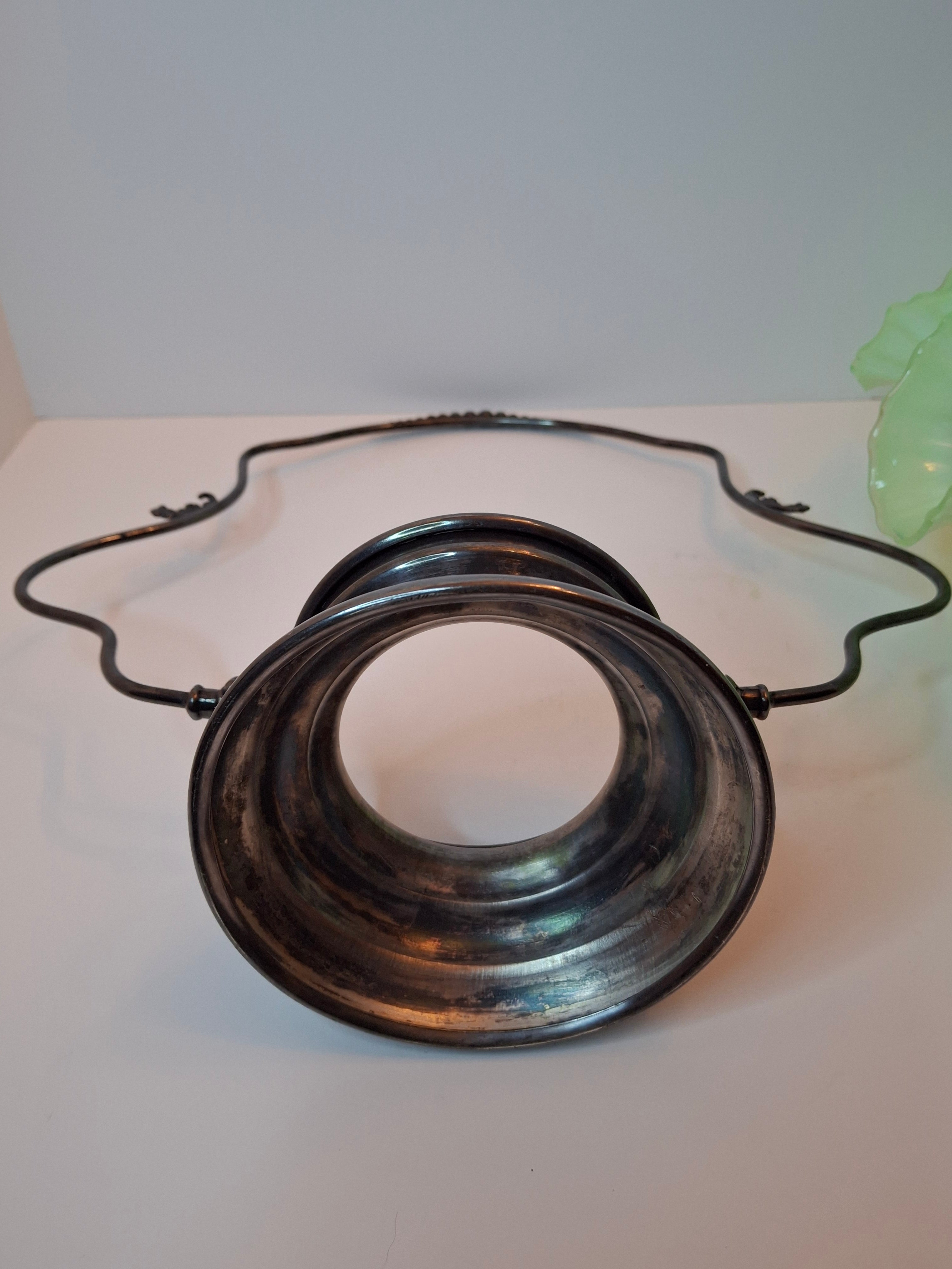 Antique Green Opalescent Jefferson Glass Buttons & Braids Bride's Basket Warren Silver Plate Stand 526 c. 1903