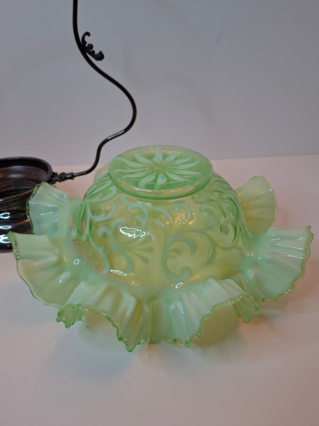 Antique Green Opalescent Jefferson Glass Buttons & Braids Bride's Basket Warren Silver Plate Stand 526 c. 1903
