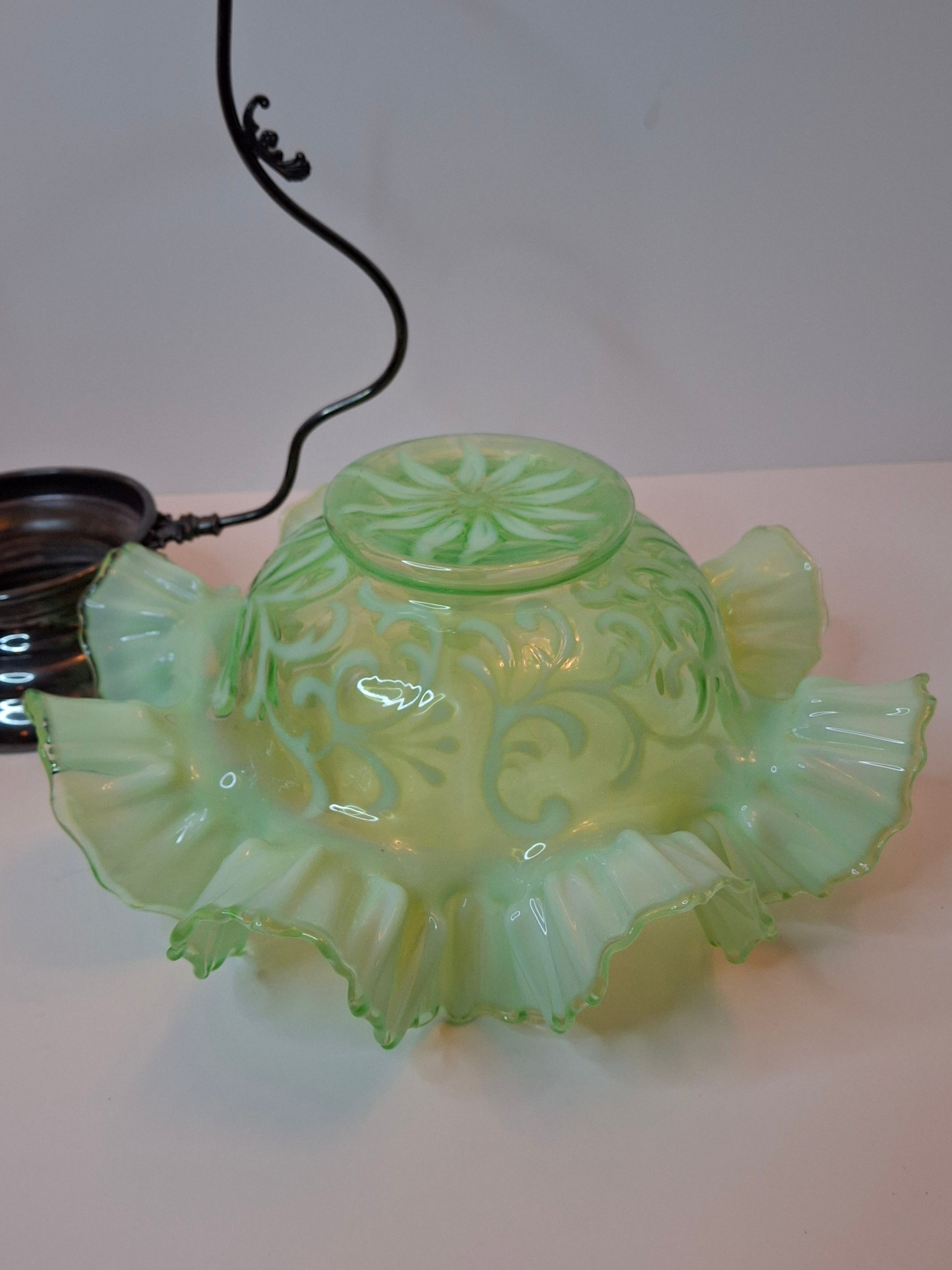 Antique Green Opalescent Jefferson Glass Buttons & Braids Bride's Basket Warren Silver Plate Stand 526 c. 1903