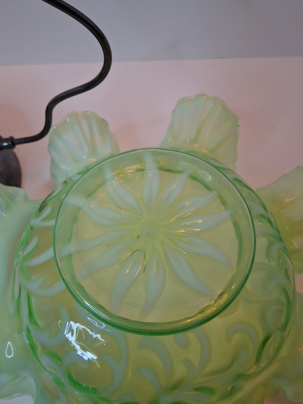 Antique Green Opalescent Jefferson Glass Buttons & Braids Bride's Basket Warren Silver Plate Stand 526 c. 1903