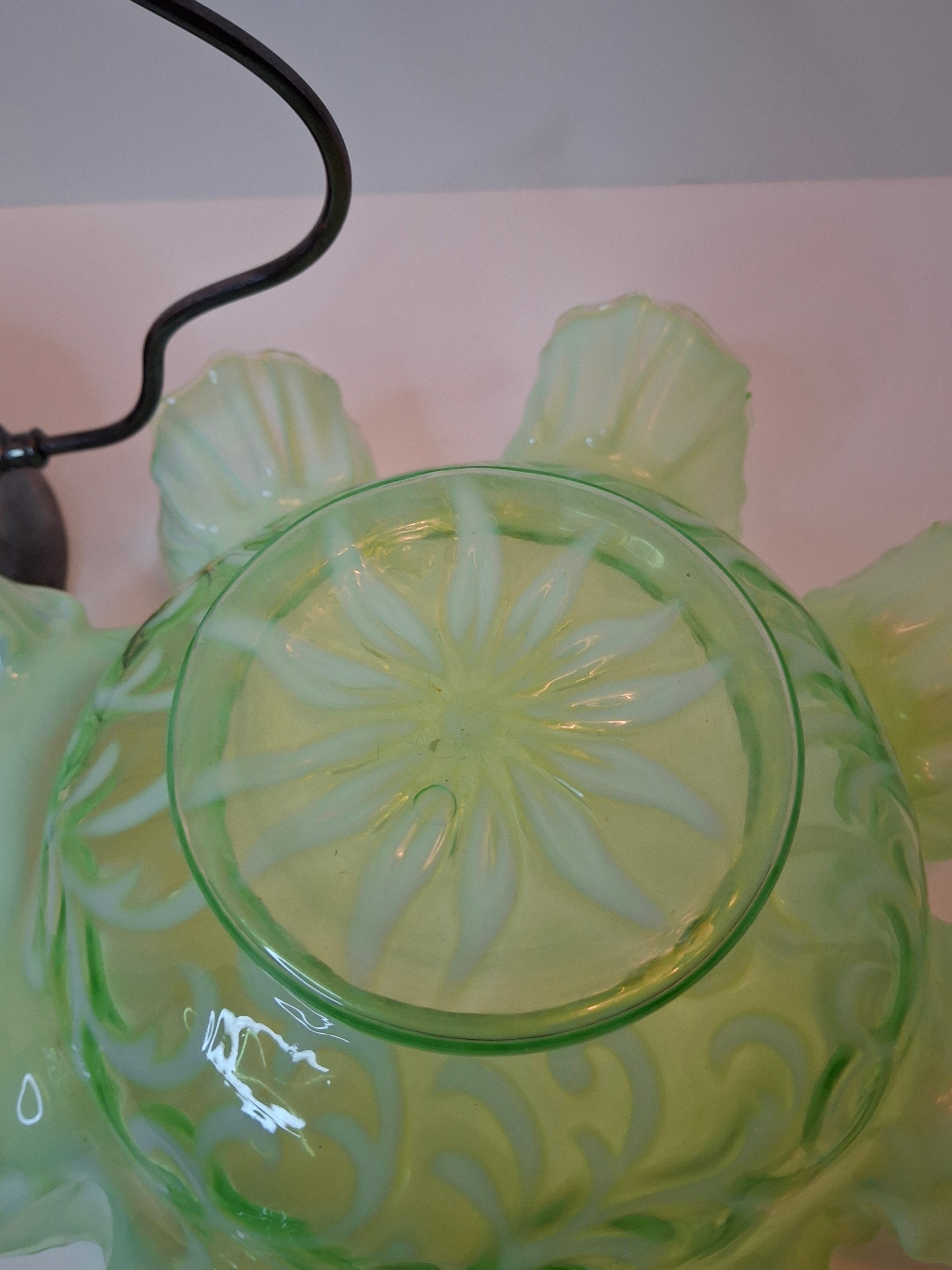 Antique Green Opalescent Jefferson Glass Buttons & Braids Bride's Basket Warren Silver Plate Stand 526 c. 1903