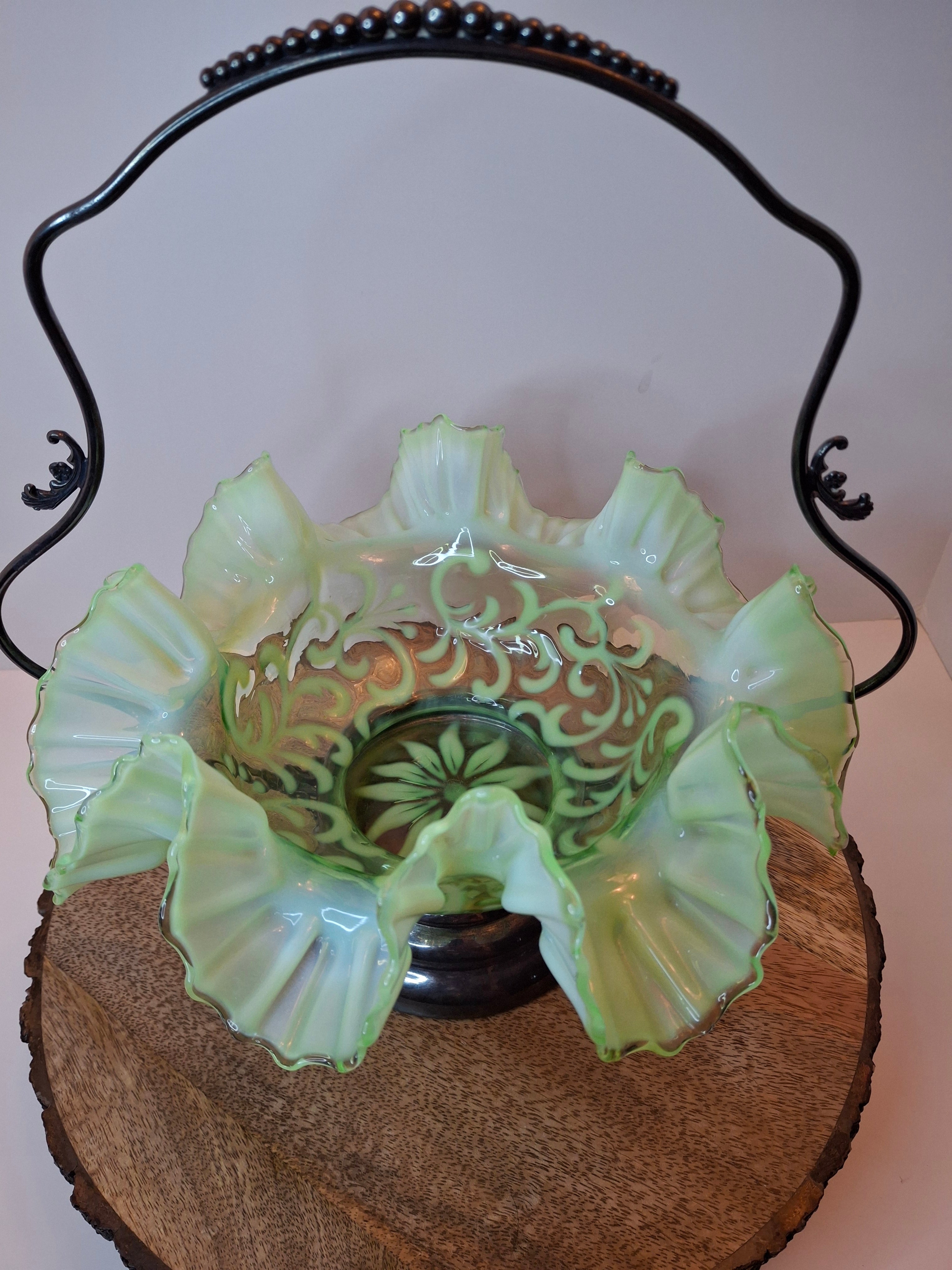 Antique Green Opalescent Jefferson Glass Buttons & Braids Bride's Basket Warren Silver Plate Stand 526 c. 1903