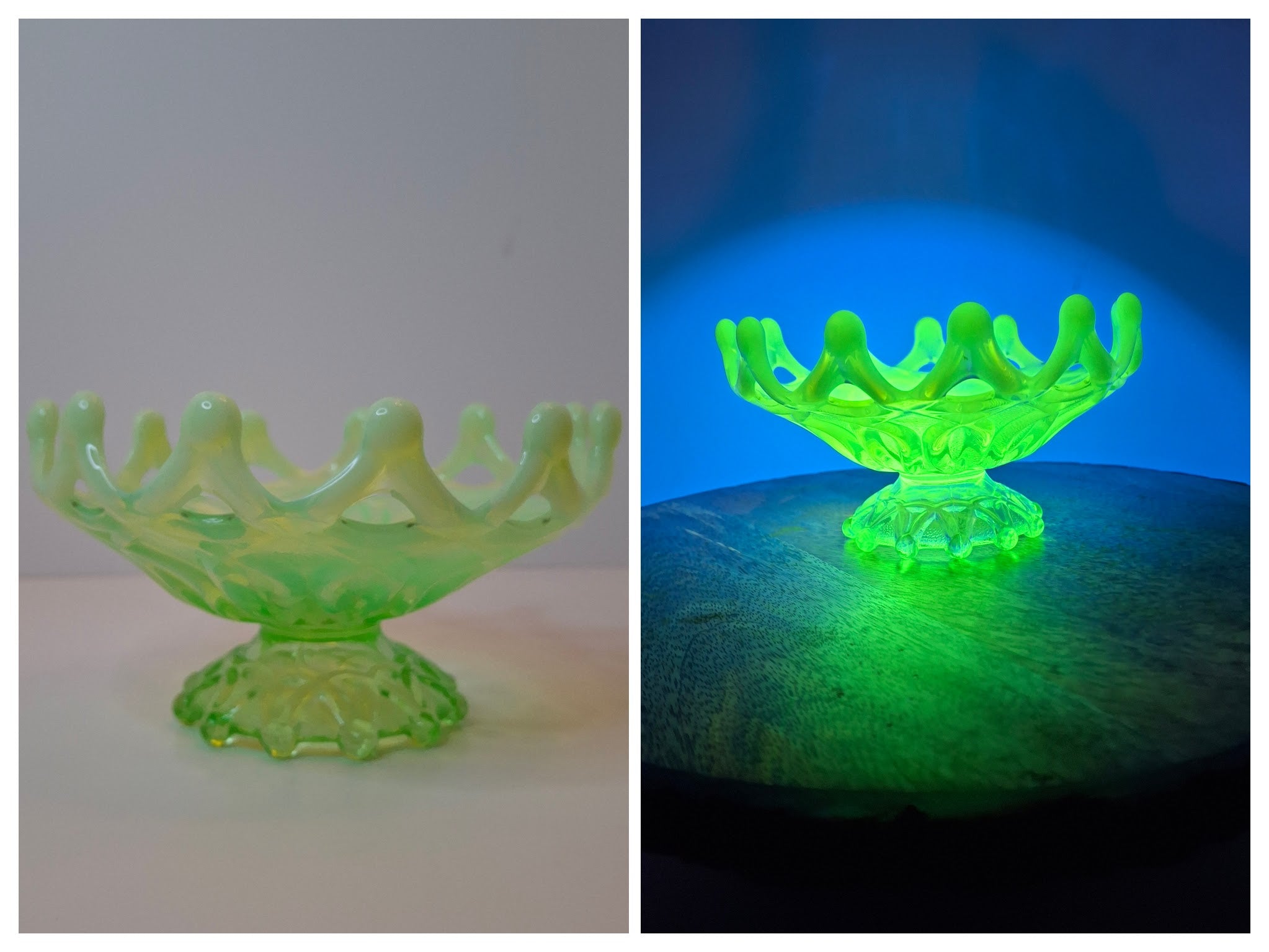 Antique Dugan Green Uranium Opalescent Glass Open O's Bowl