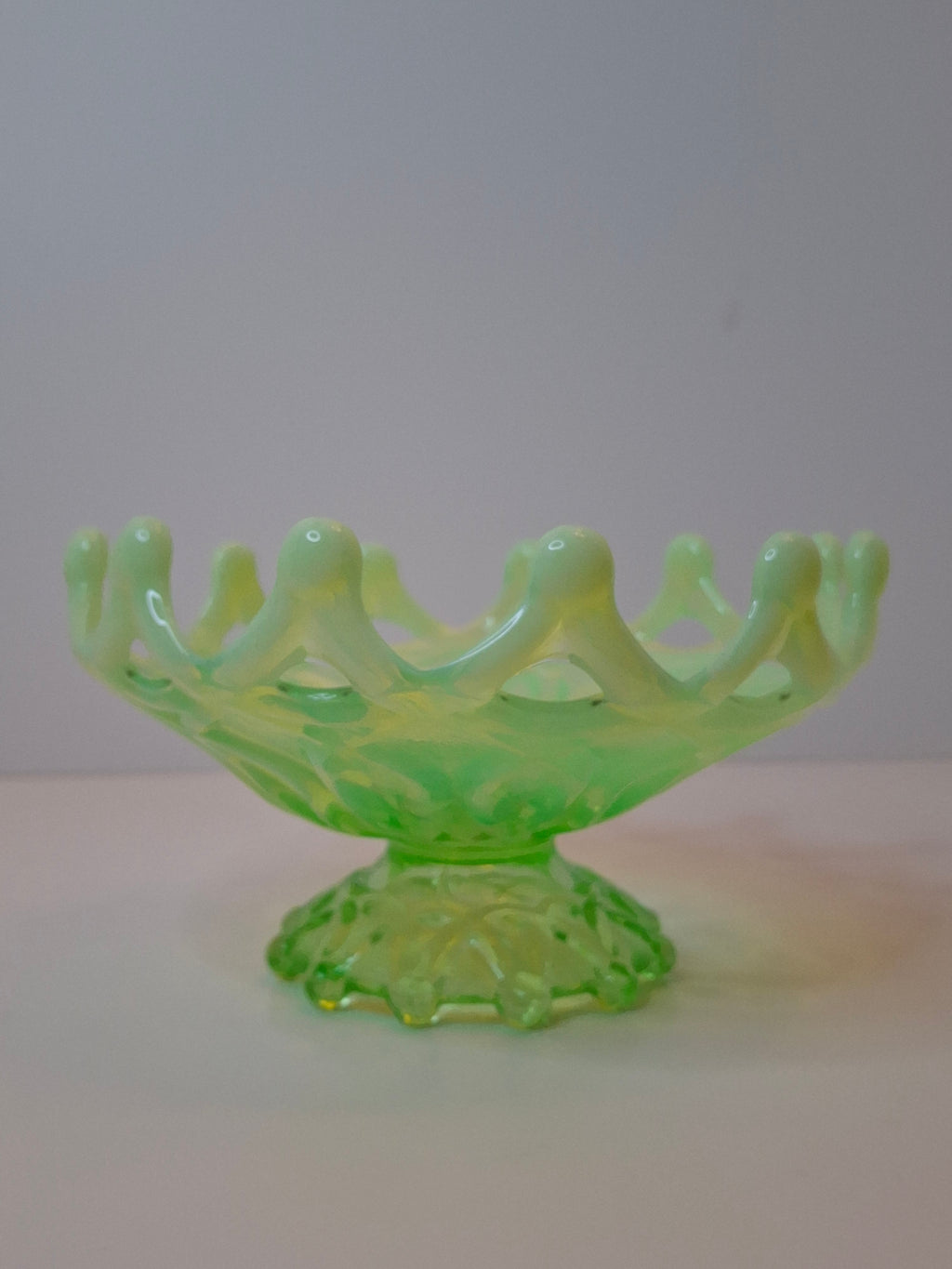 Antique Dugan Green Uranium Opalescent Glass Open O's Bowl