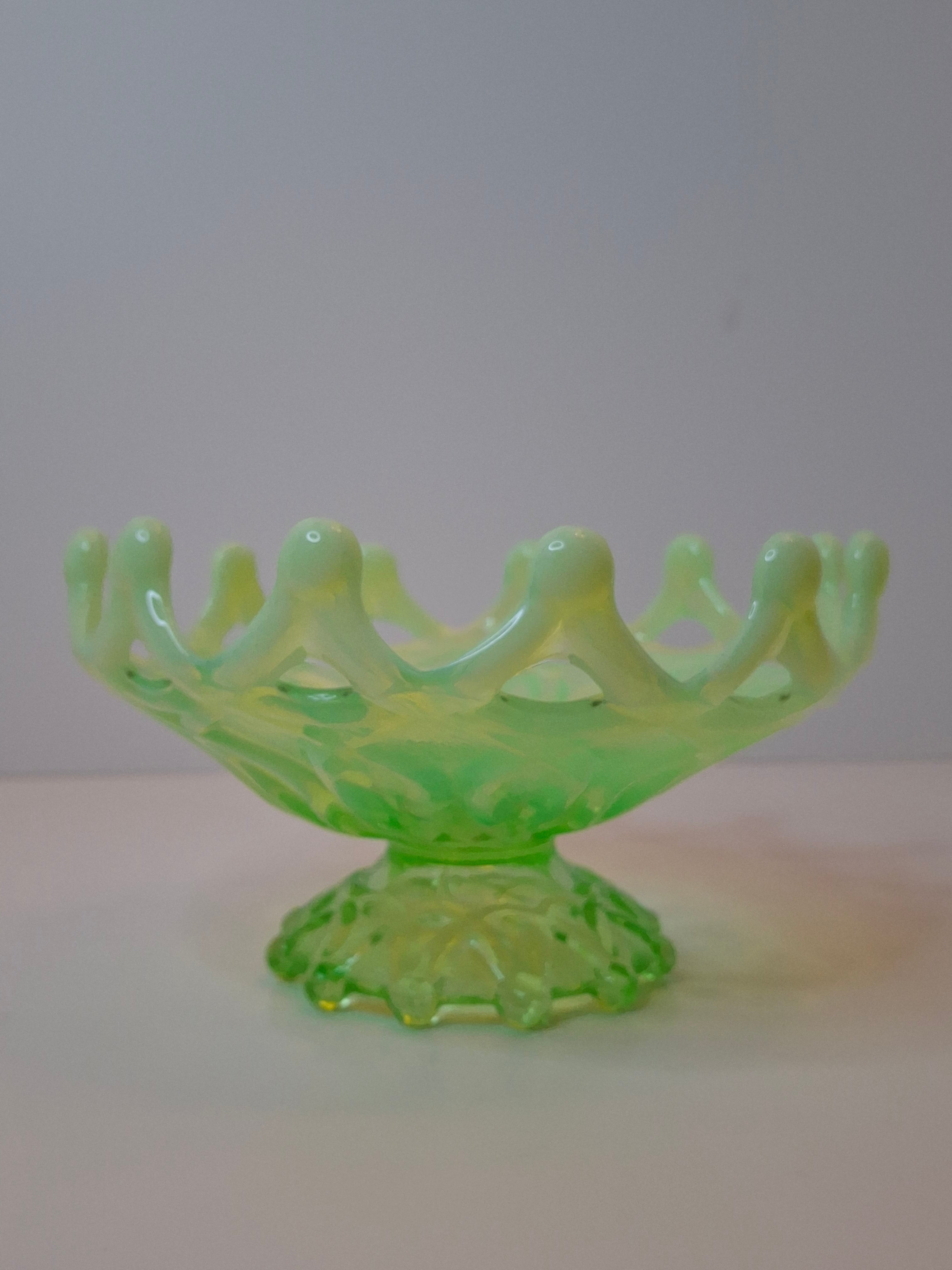 Antique Dugan Green Uranium Opalescent Glass Open O's Bowl