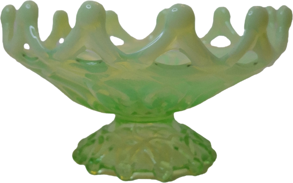 Antique Dugan Green Uranium Opalescent Glass Open O's Bowl