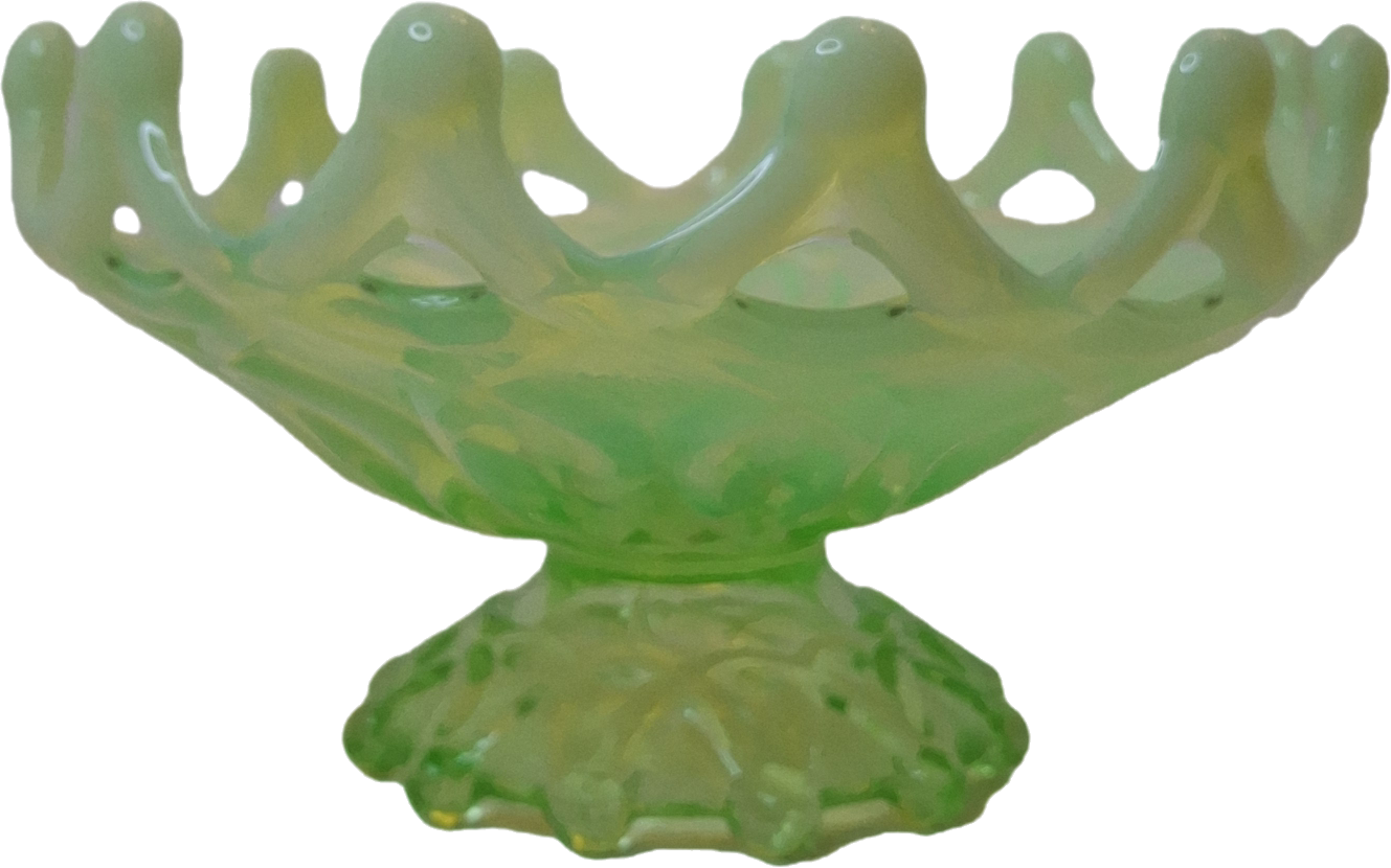 Antique Dugan Green Uranium Opalescent Glass Open O's Bowl