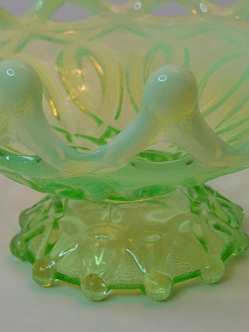 Antique Dugan Green Uranium Opalescent Glass Open O's Bowl