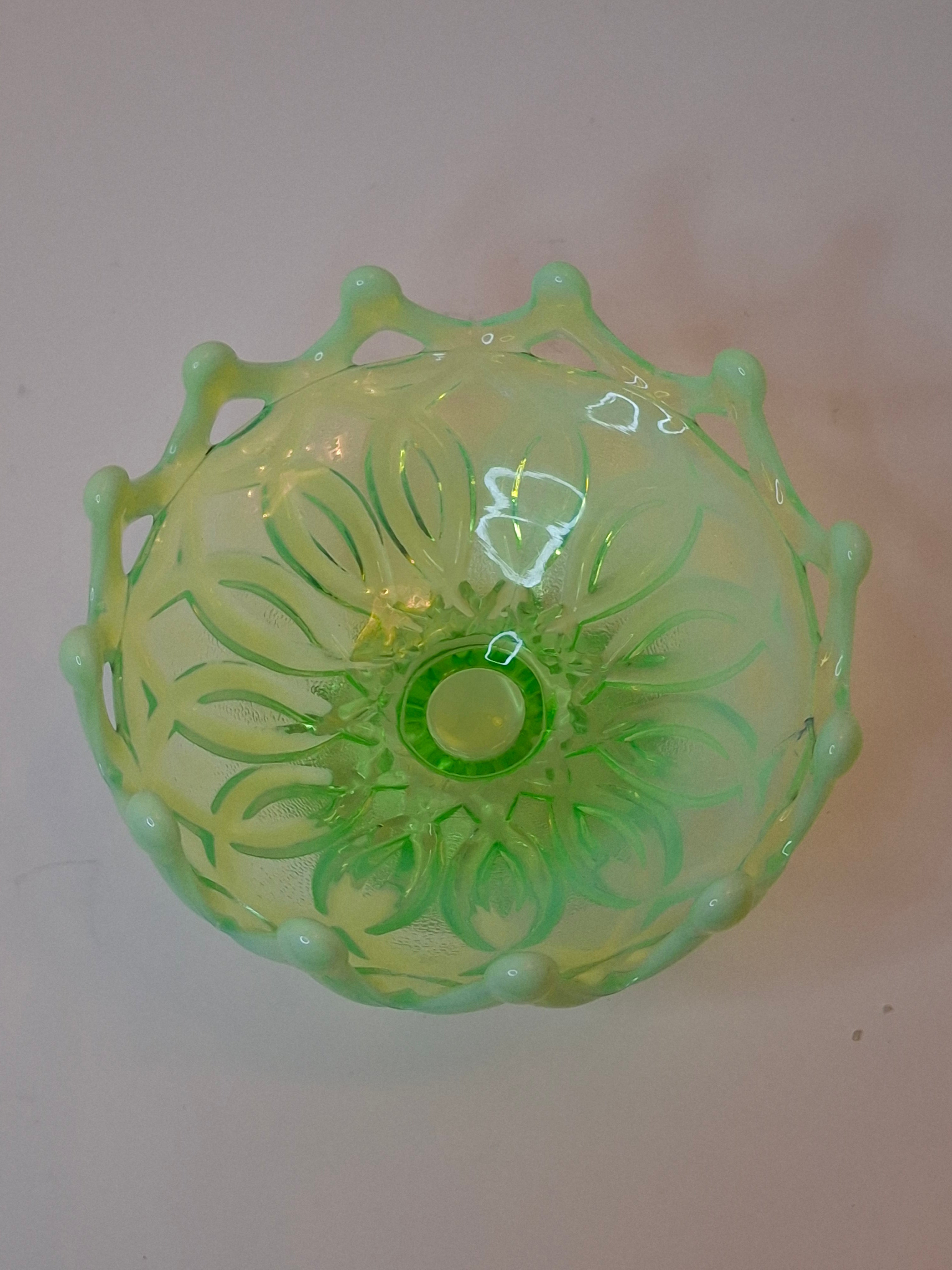 Antique Dugan Green Uranium Opalescent Glass Open O's Bowl