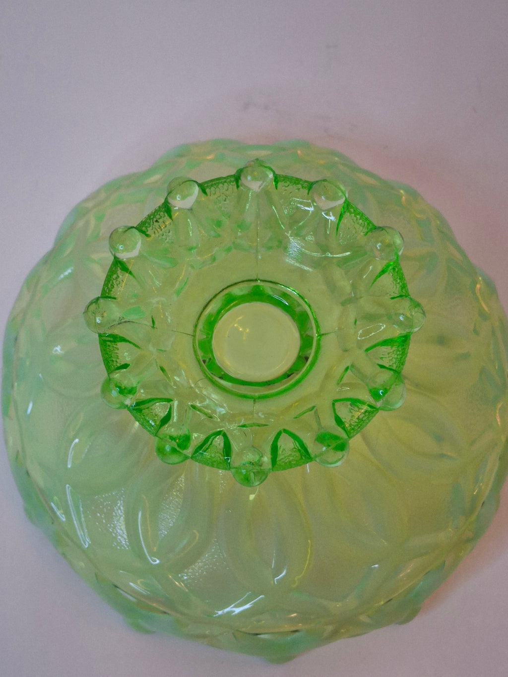 Antique Dugan Green Uranium Opalescent Glass Open O's Bowl
