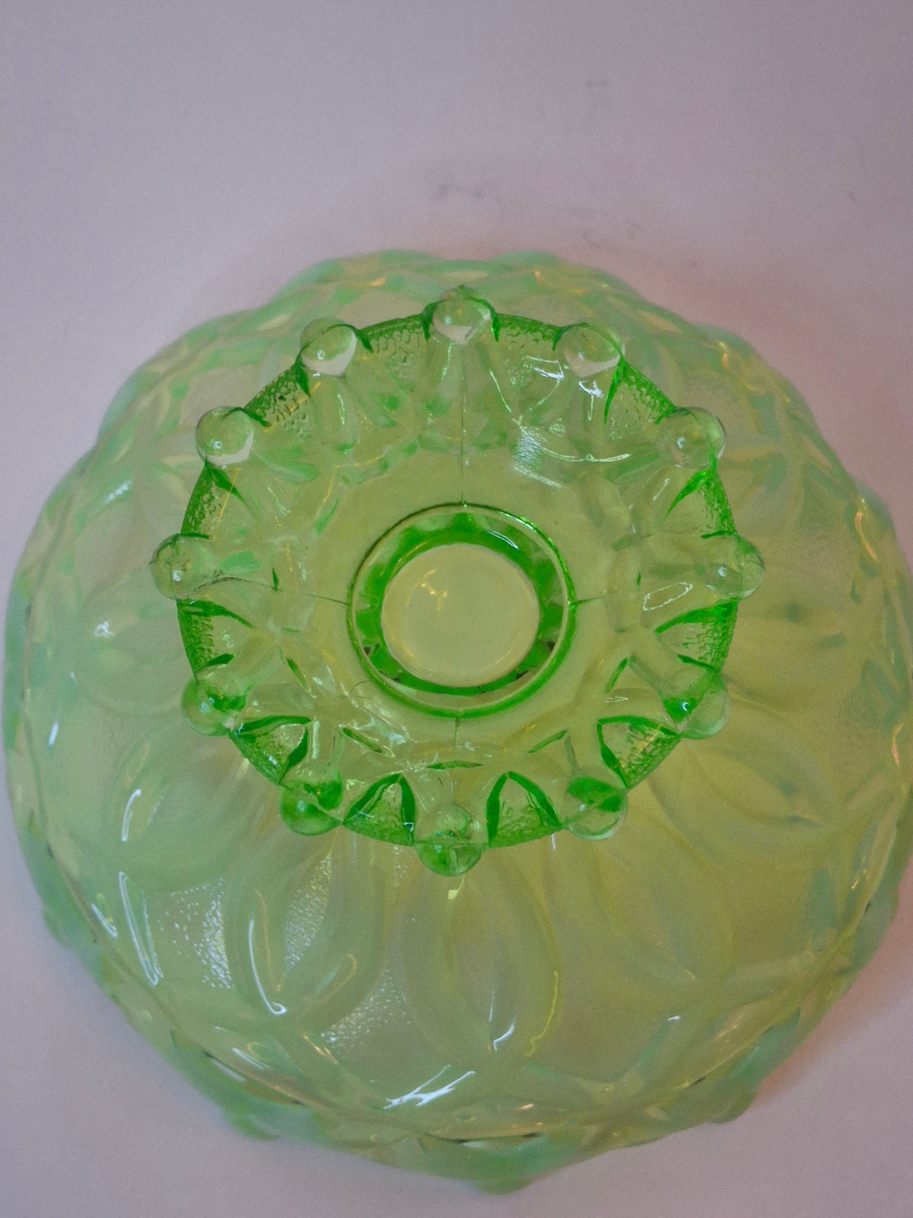 Antique Dugan Green Uranium Opalescent Glass Open O's Bowl