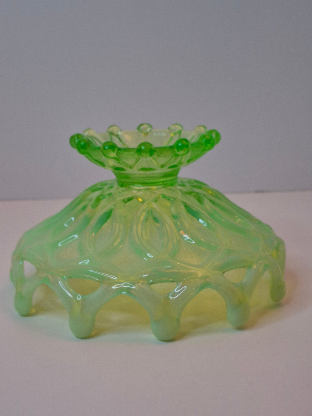 Antique Dugan Green Uranium Opalescent Glass Open O's Bowl