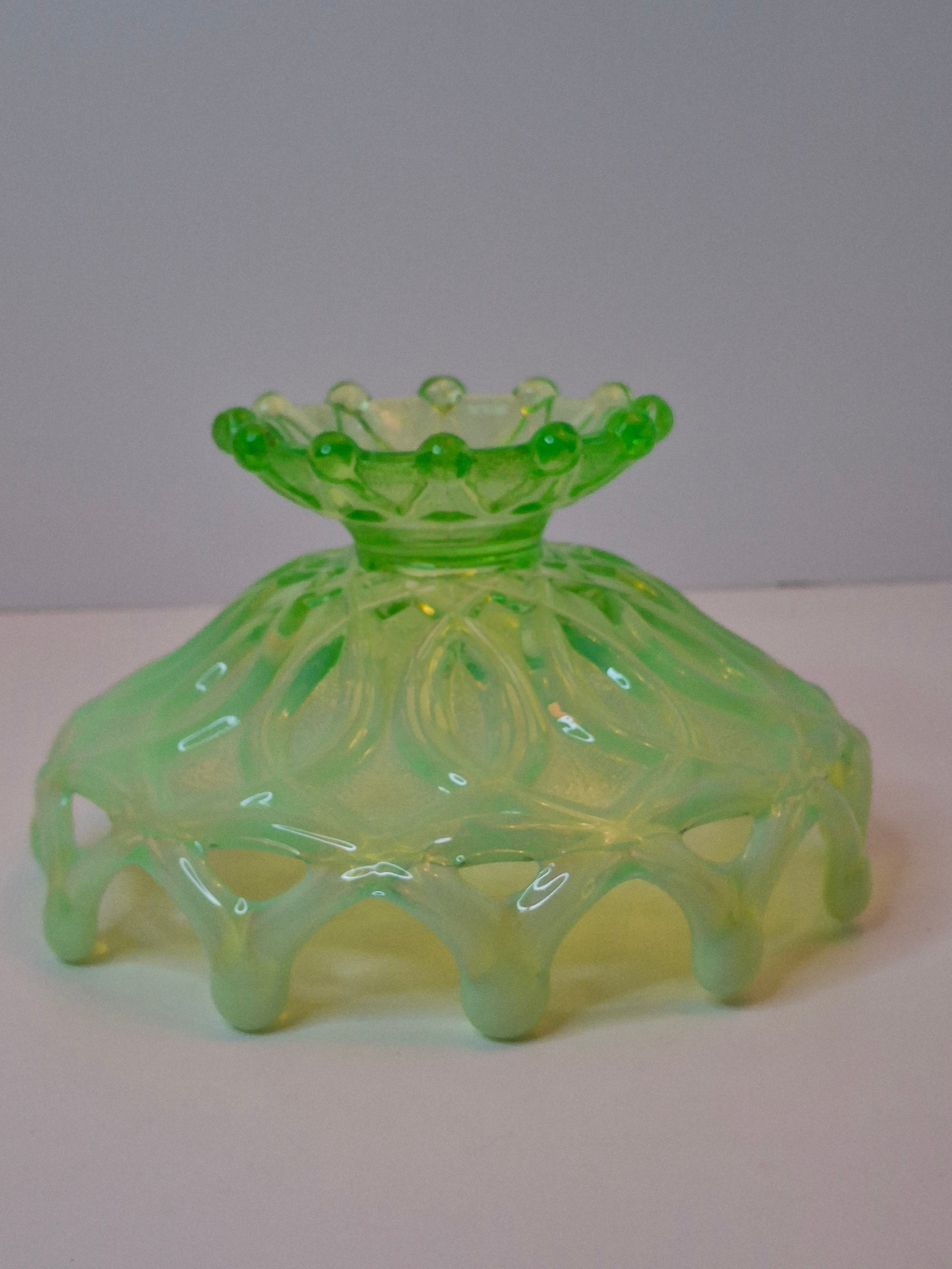 Antique Dugan Green Uranium Opalescent Glass Open O's Bowl