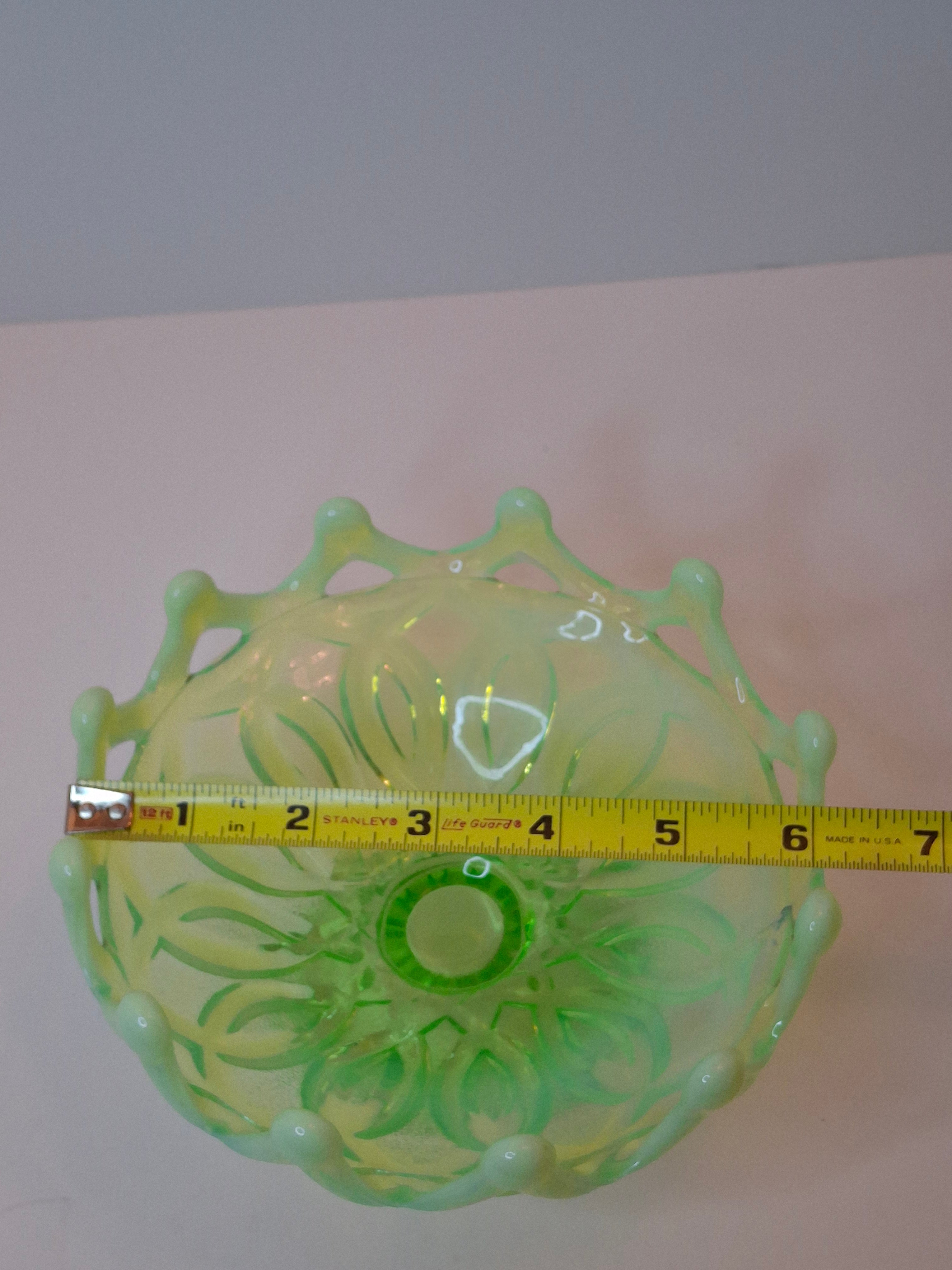 Antique Dugan Green Uranium Opalescent Glass Open O's Bowl
