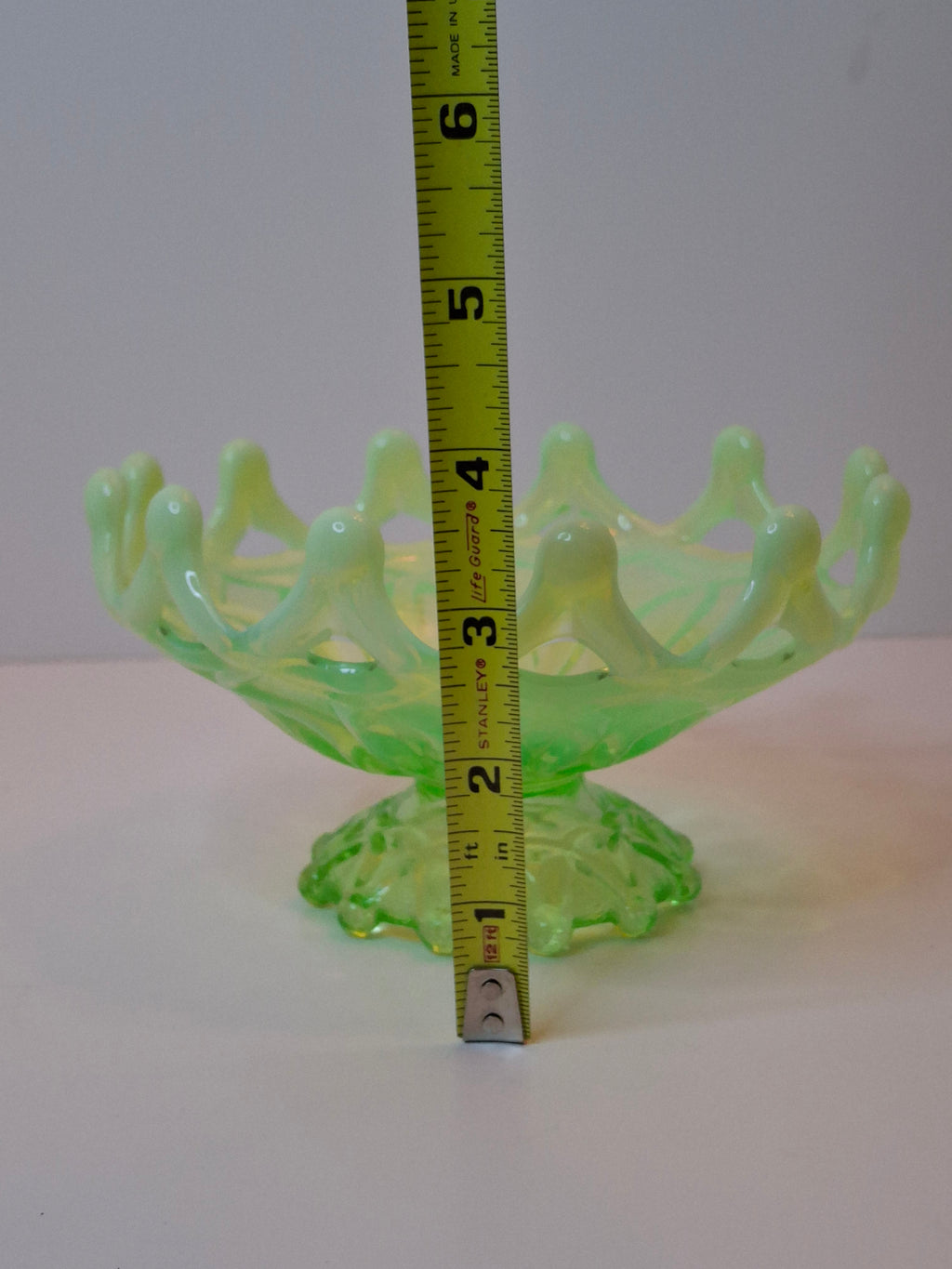 Antique Dugan Green Uranium Opalescent Glass Open O's Bowl