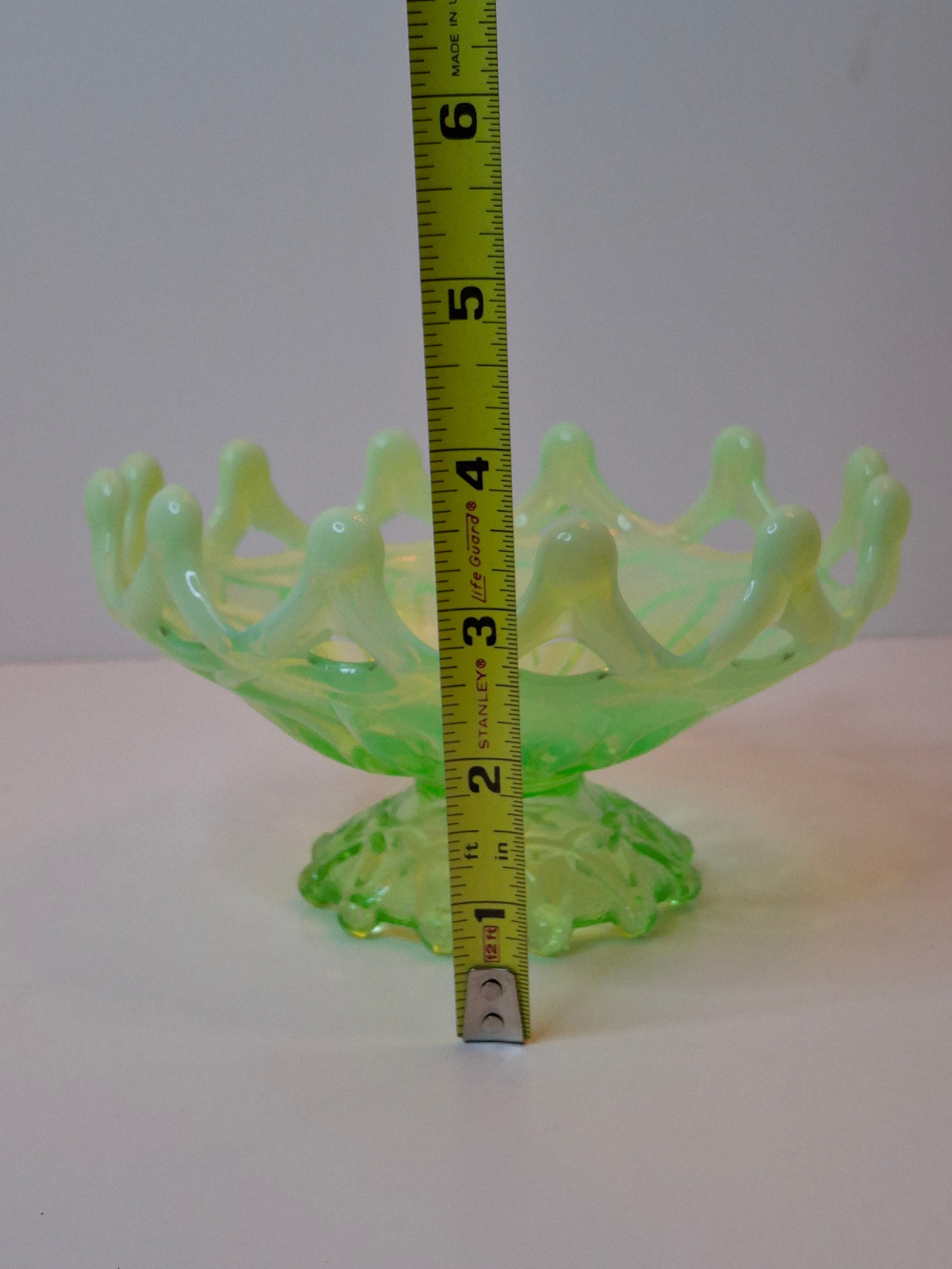 Antique Dugan Green Uranium Opalescent Glass Open O's Bowl