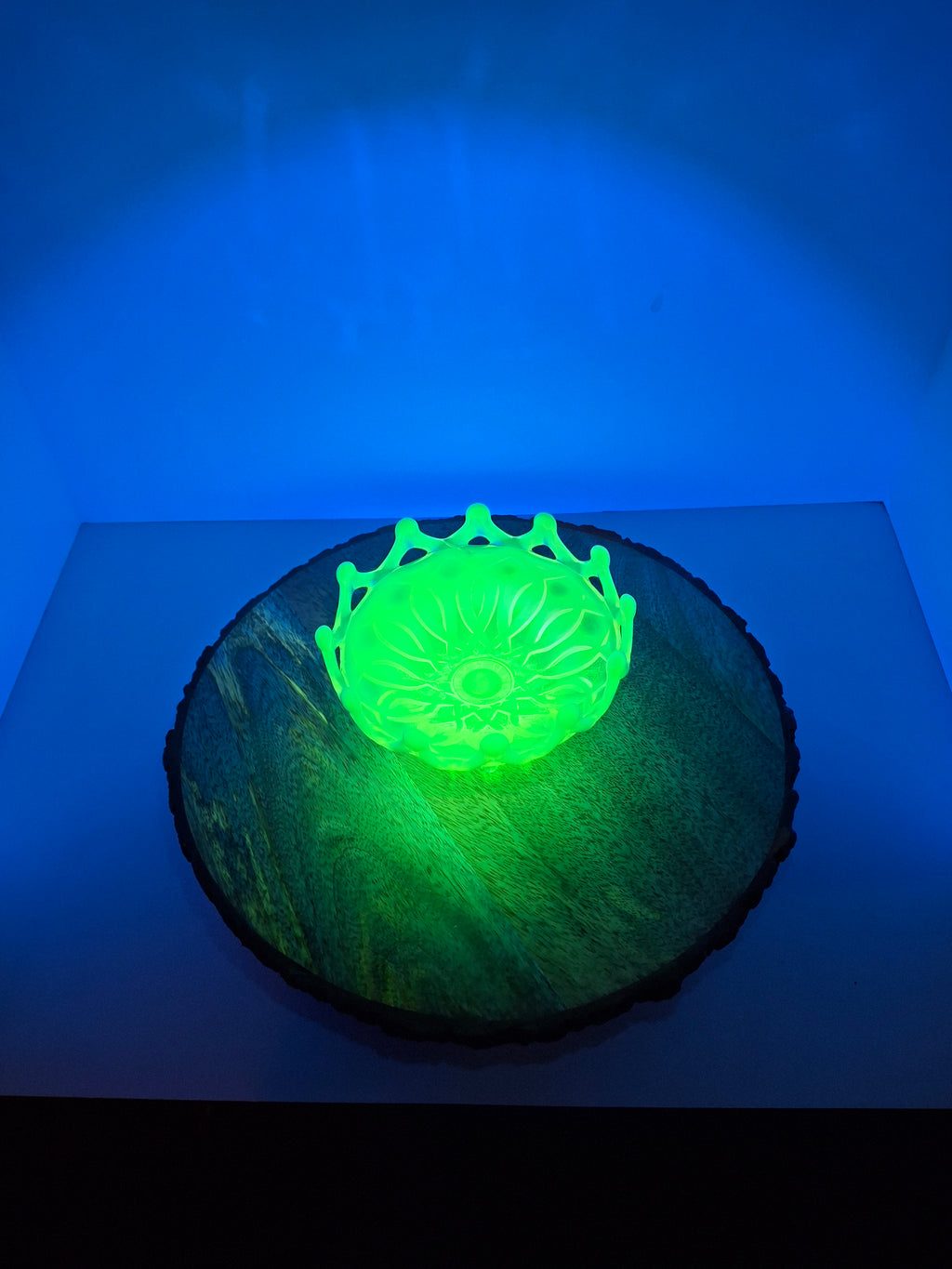 Antique Dugan Green Uranium Opalescent Glass Open O's Bowl