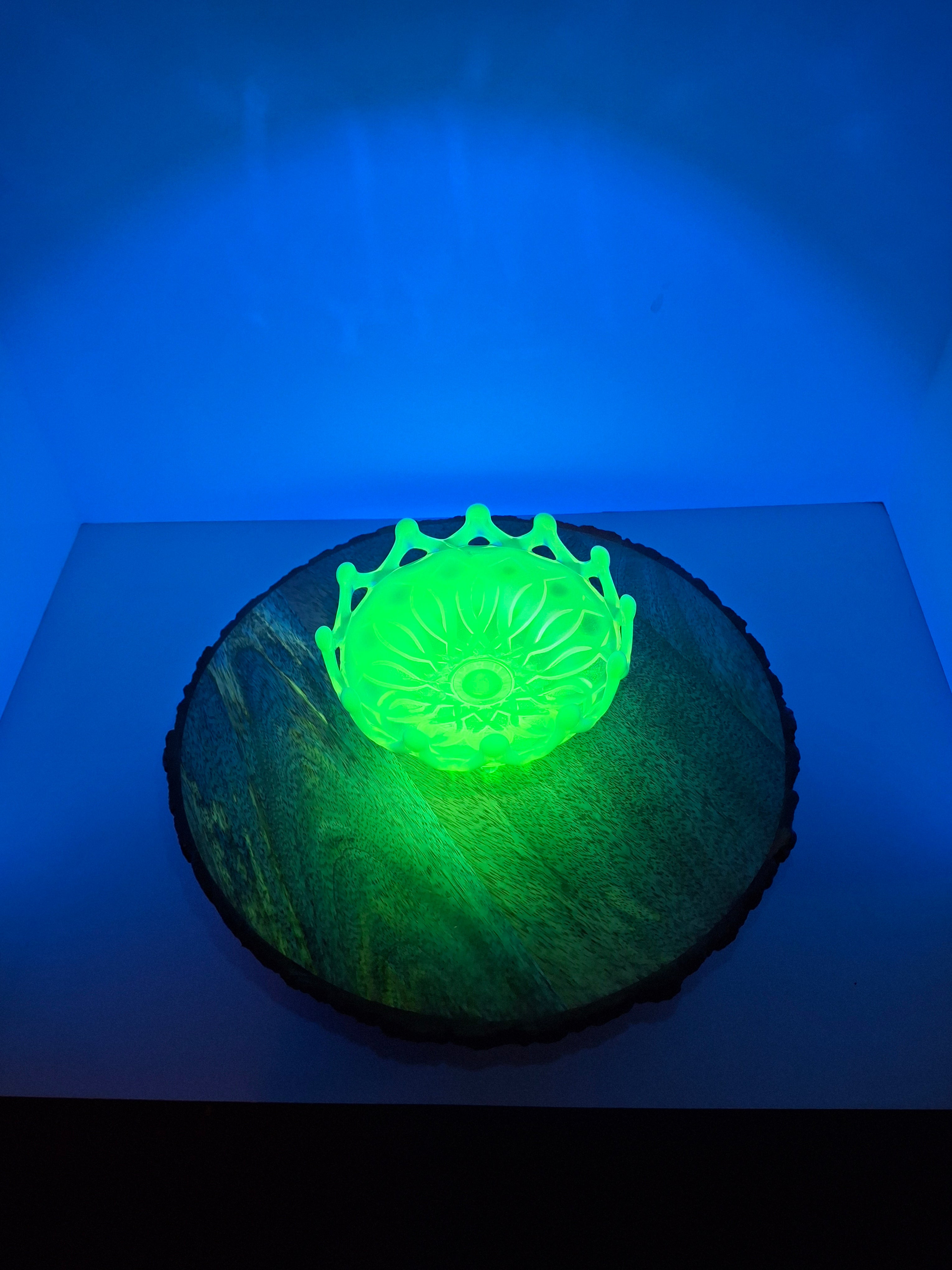 Antique Dugan Green Uranium Opalescent Glass Open O's Bowl