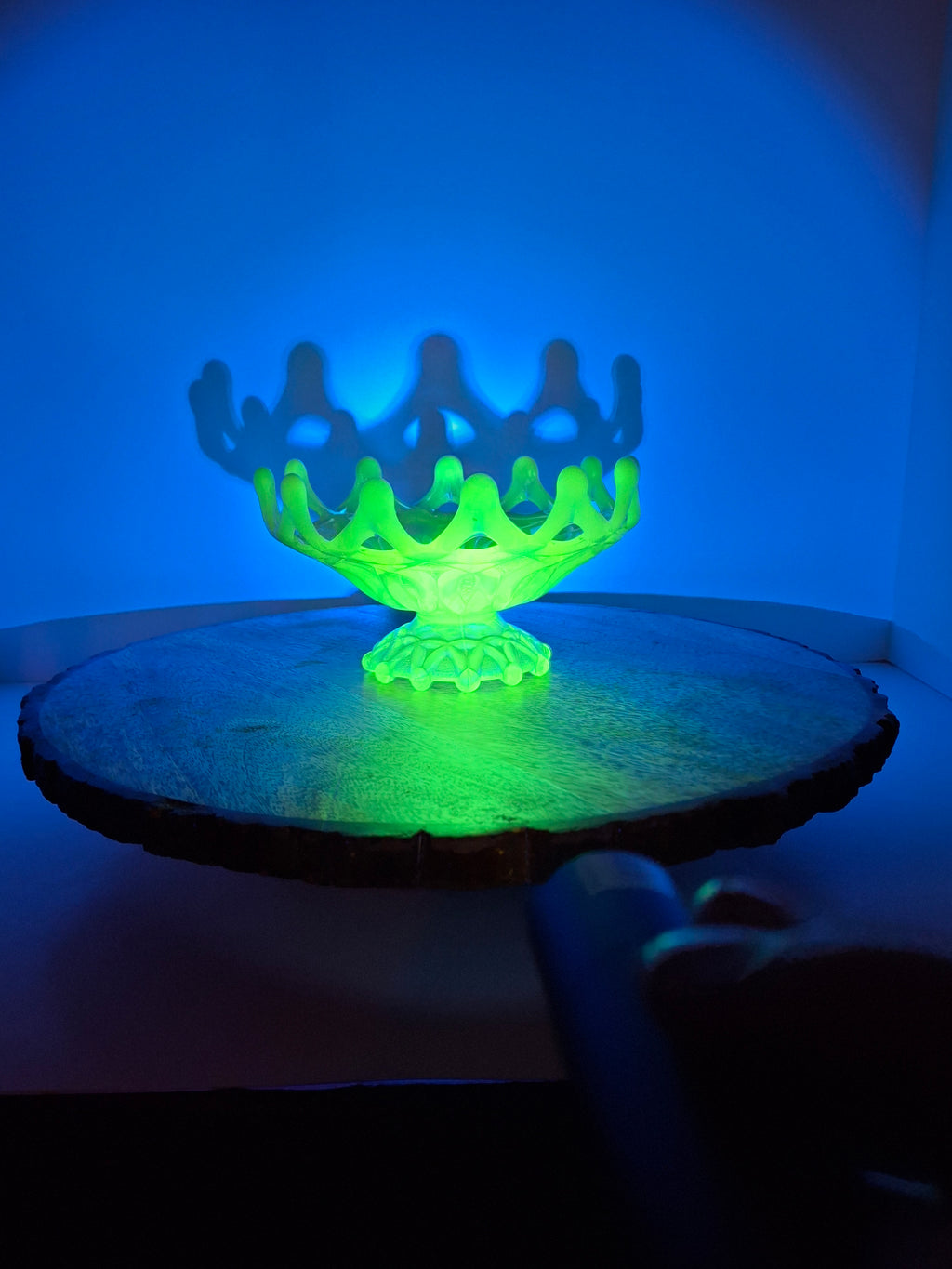 Antique Dugan Green Uranium Opalescent Glass Open O's Bowl