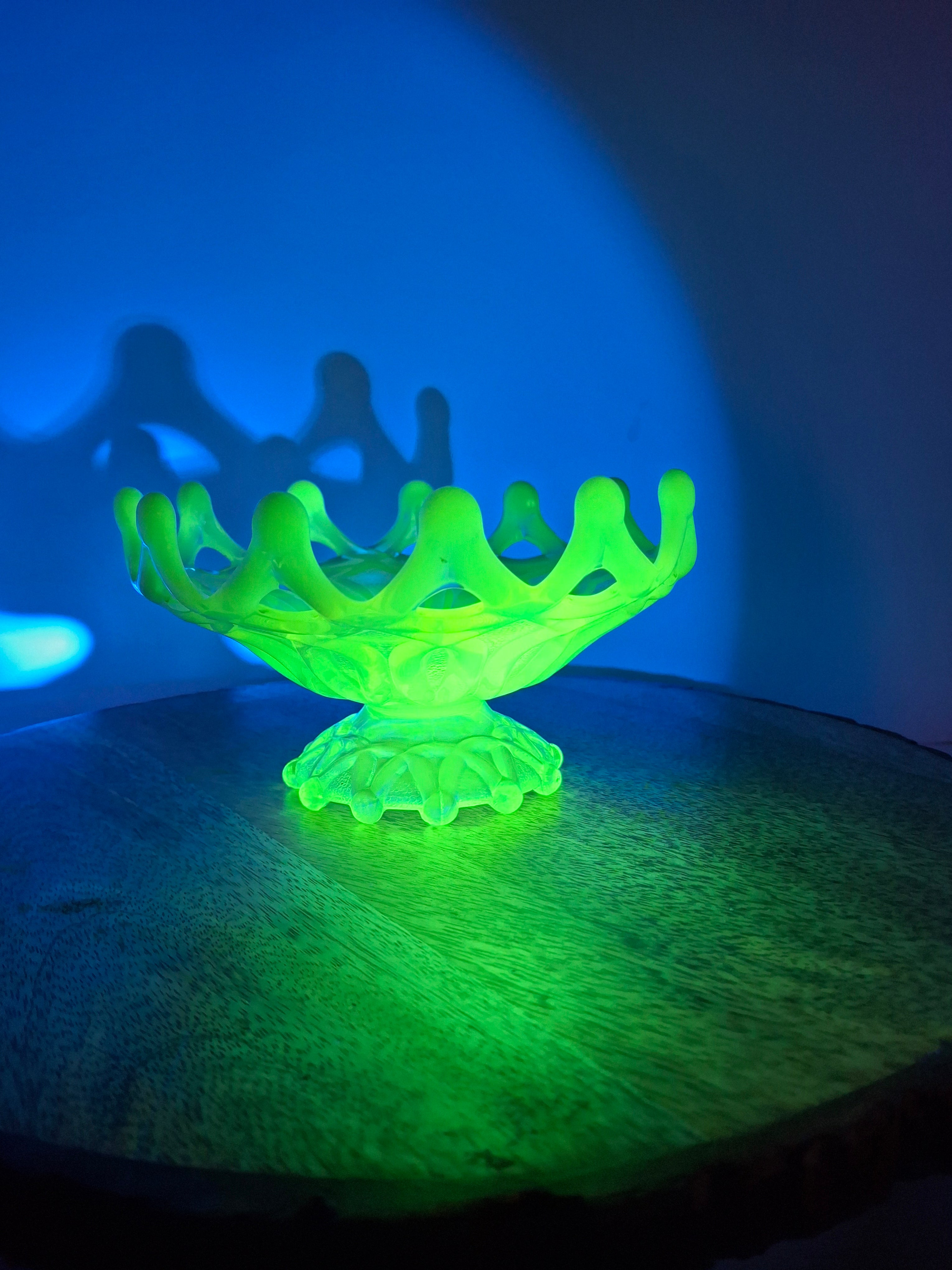 Antique Dugan Green Uranium Opalescent Glass Open O's Bowl