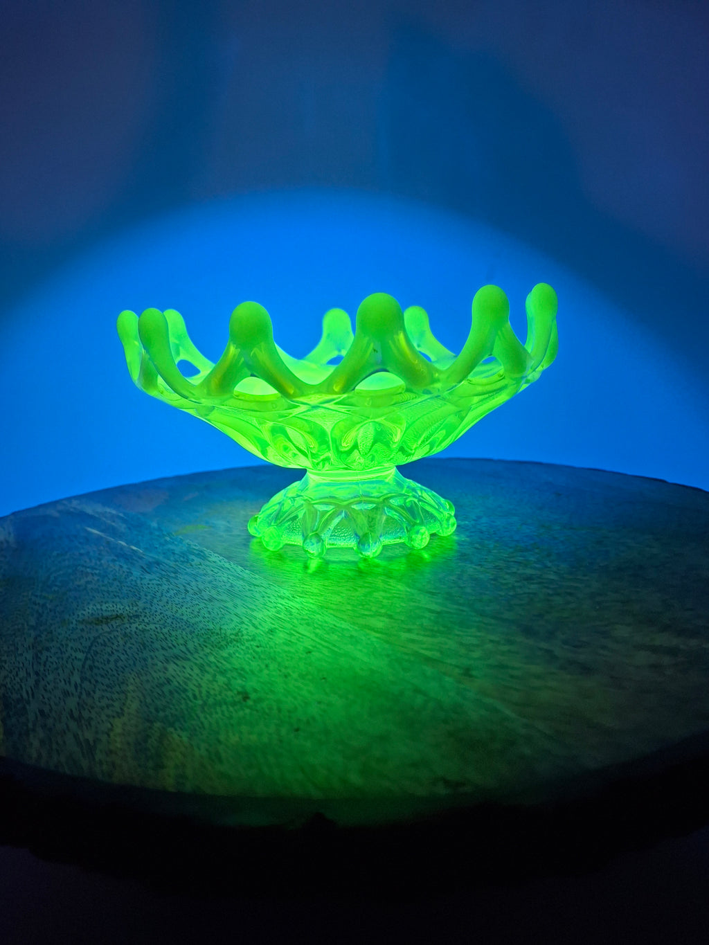 Antique Dugan Green Uranium Opalescent Glass Open O's Bowl