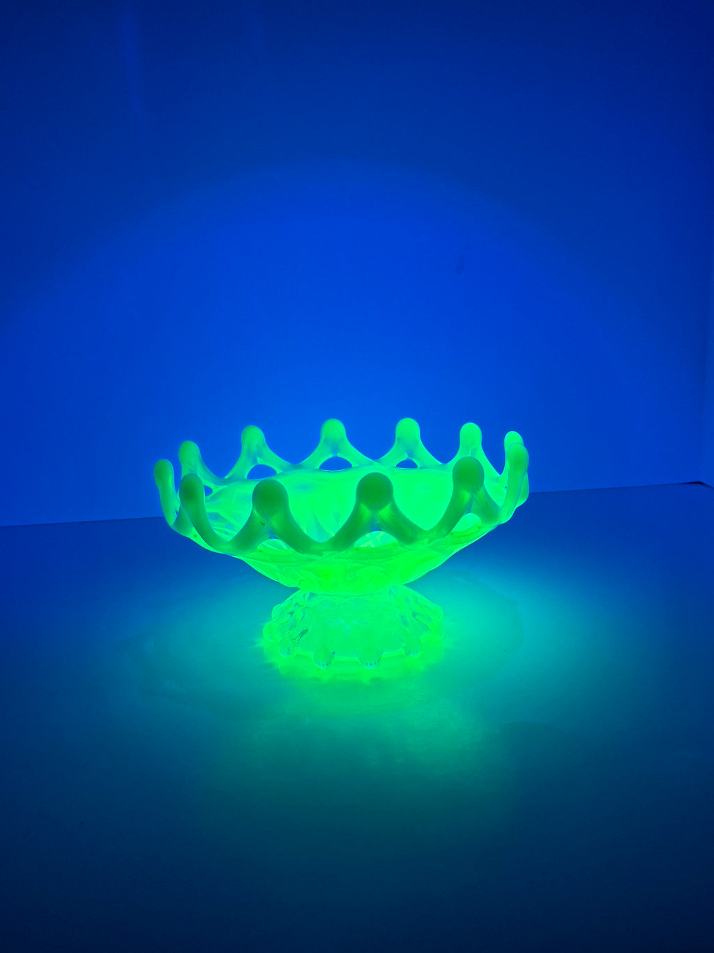 Antique Dugan Green Uranium Opalescent Glass Open O's Bowl