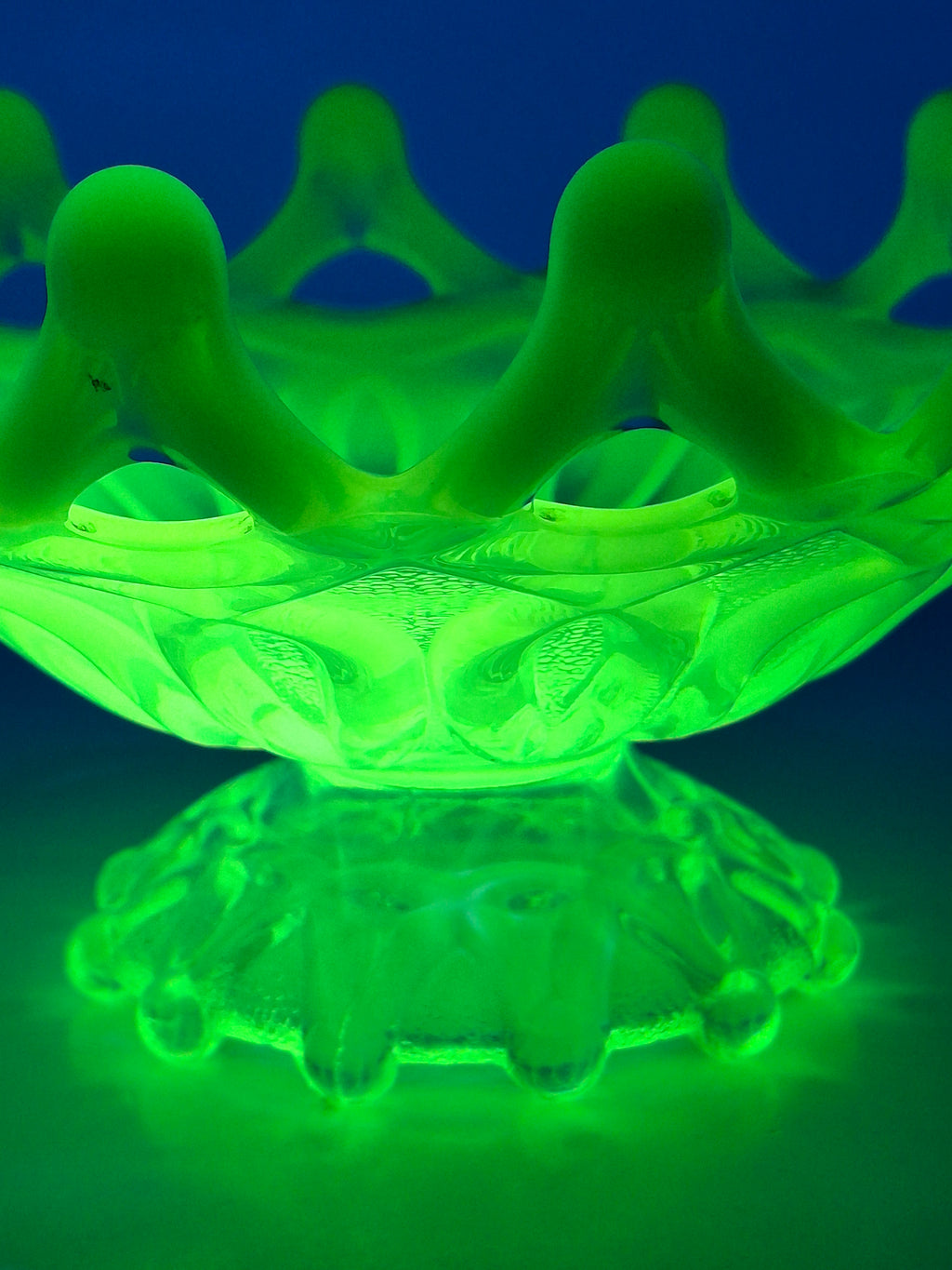 Antique Dugan Green Uranium Opalescent Glass Open O's Bowl