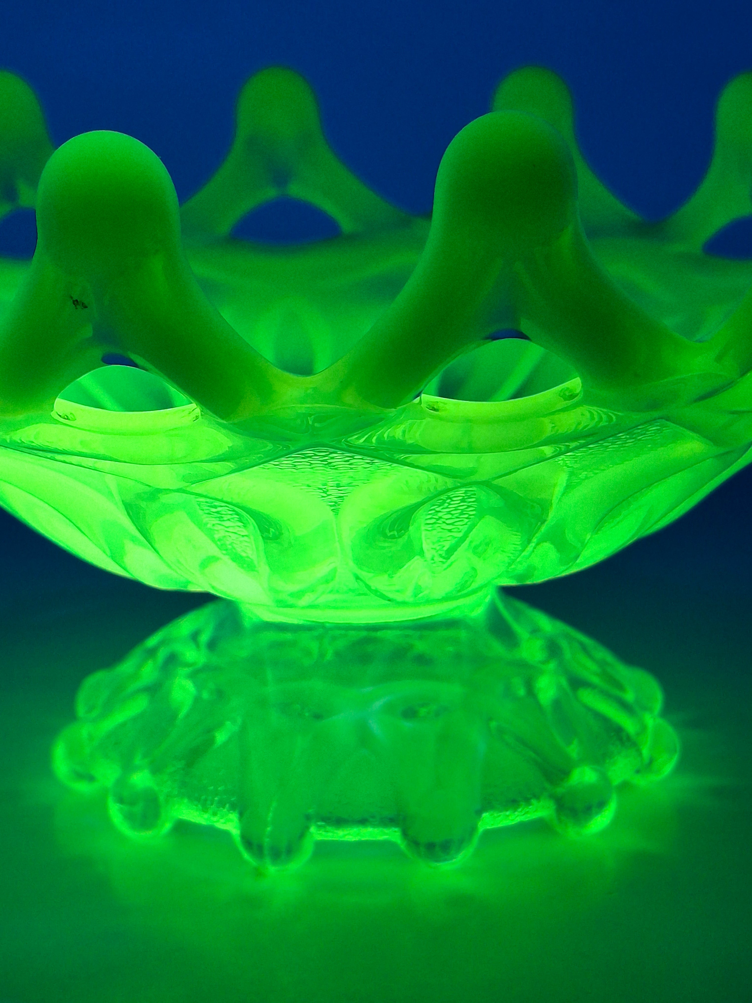 Antique Dugan Green Uranium Opalescent Glass Open O's Bowl