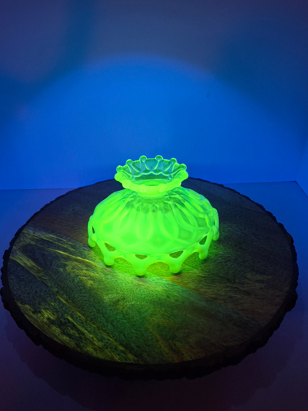 Antique Dugan Green Uranium Opalescent Glass Open O's Bowl