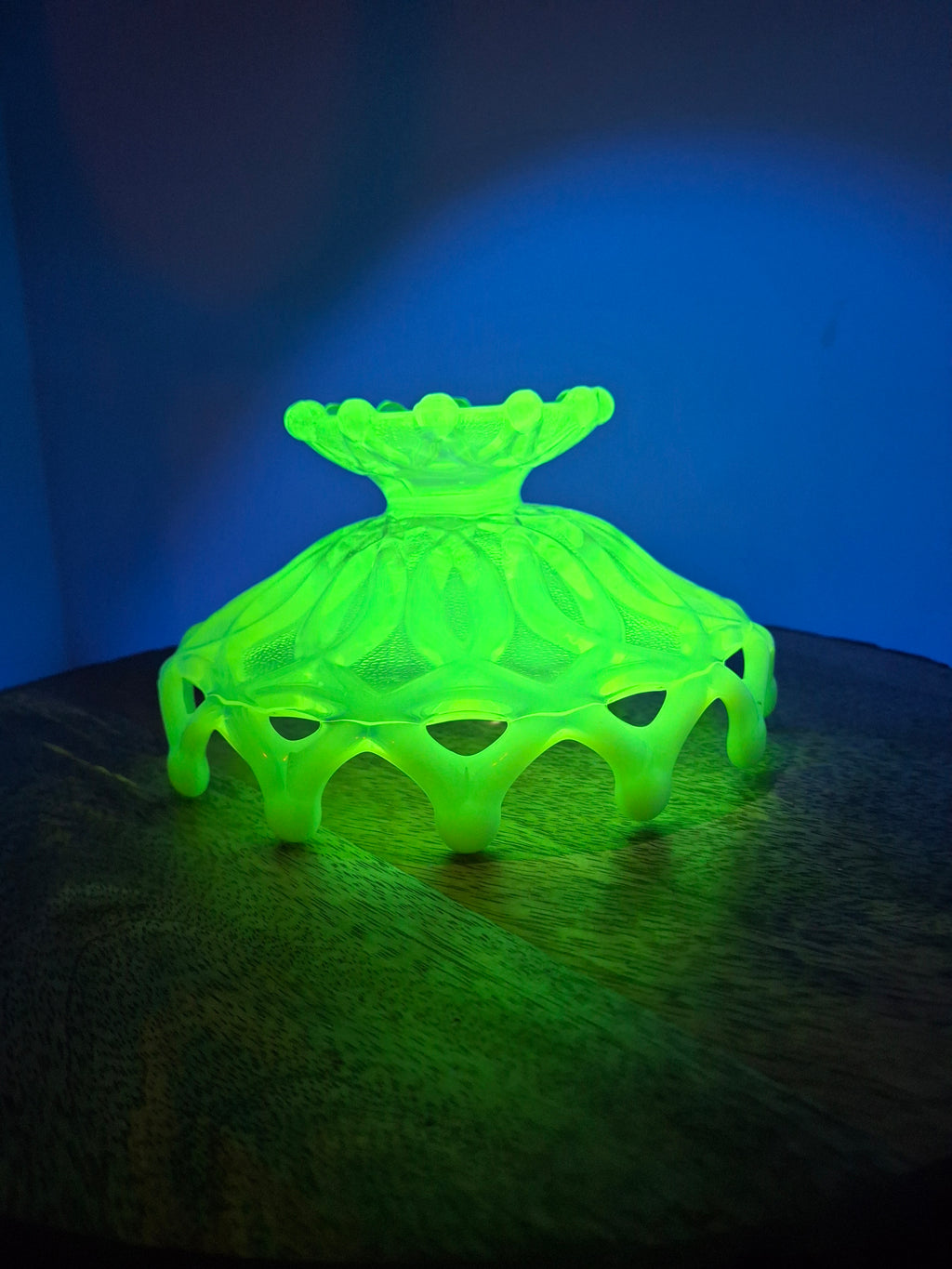 Antique Dugan Green Uranium Opalescent Glass Open O's Bowl