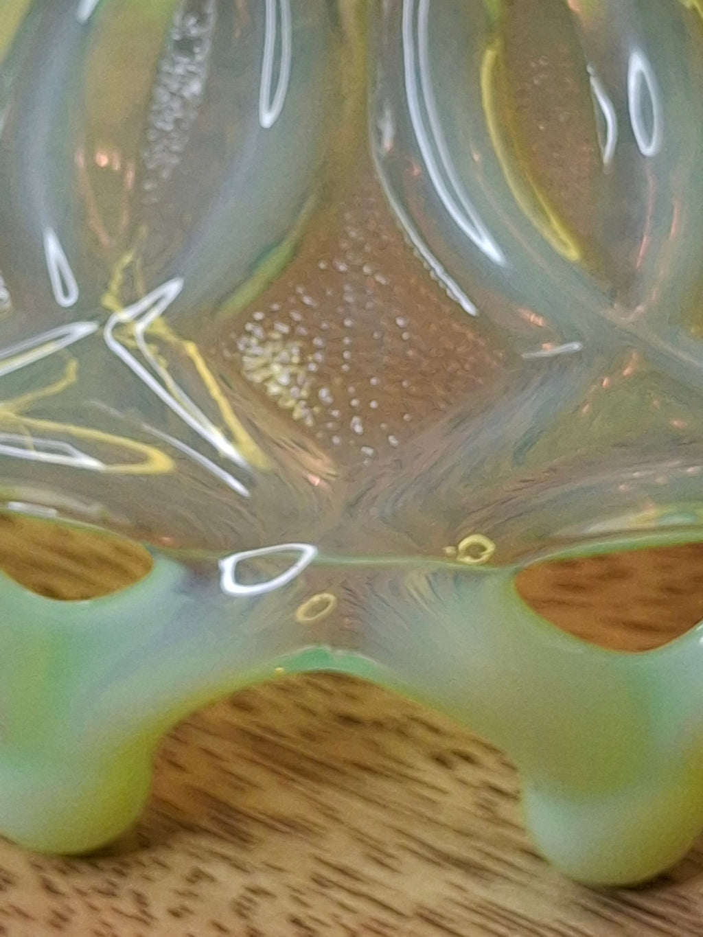 Antique Dugan Green Uranium Opalescent Glass Open O's Bowl
