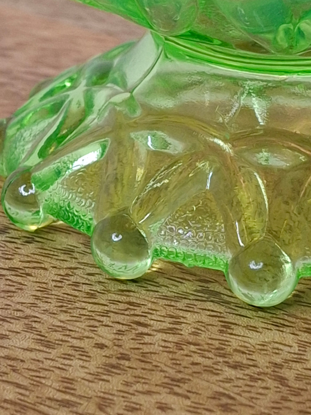 Antique Dugan Green Uranium Opalescent Glass Open O's Bowl