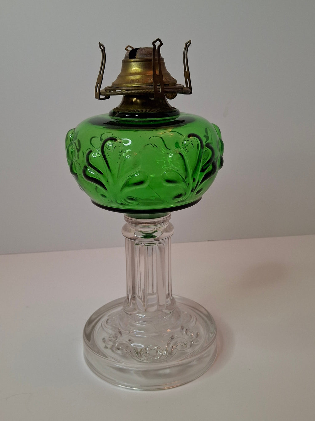Antique Emerald Green Glass Kerosene Lamp Star of David Base Queen Anne Burner