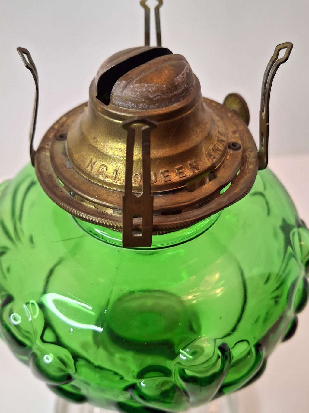 Antique Emerald Green Glass Kerosene Lamp Star of David Base Queen Anne Burner