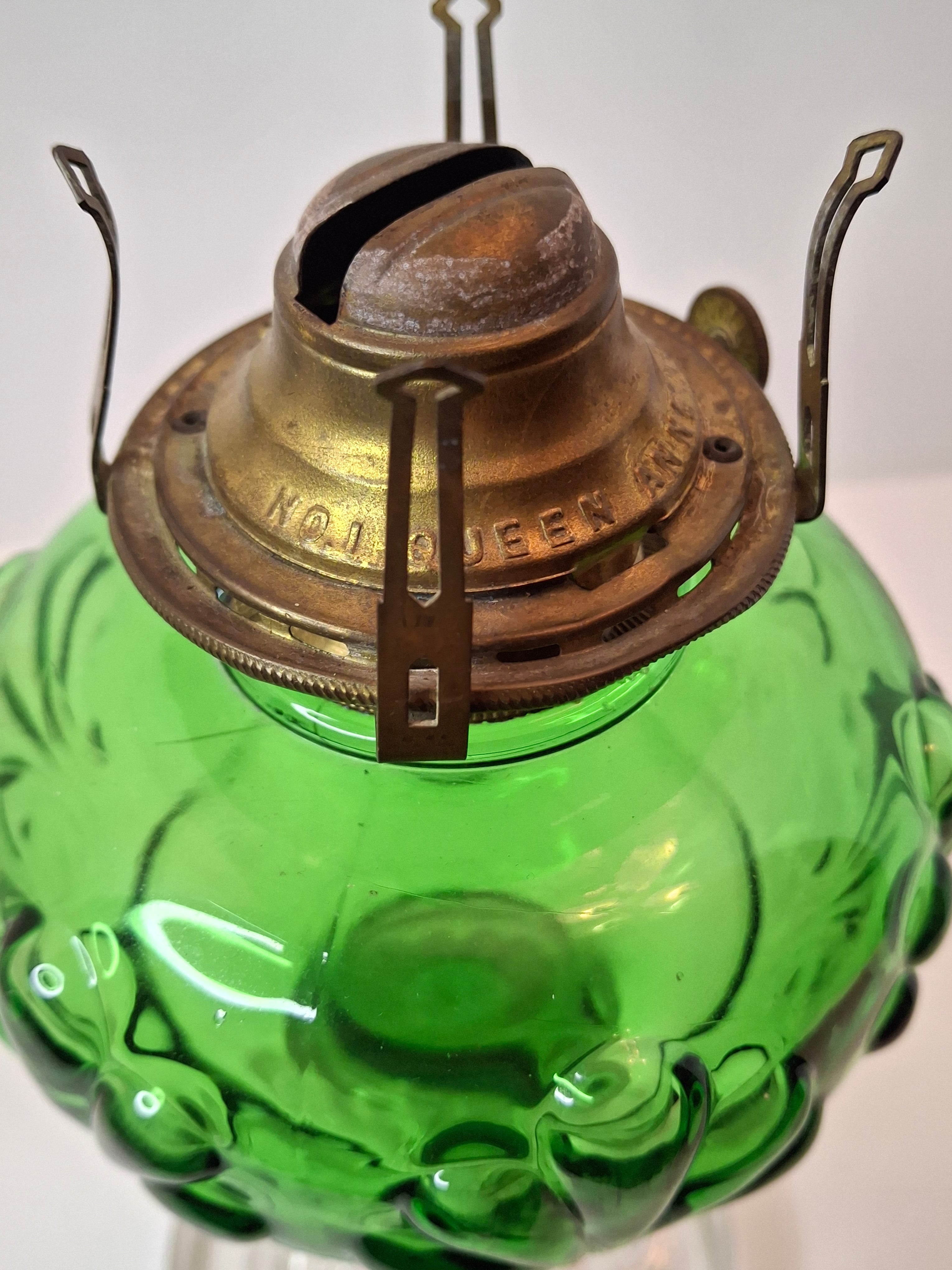 Antique Emerald Green Glass Kerosene Lamp Star of David Base Queen Anne Burner
