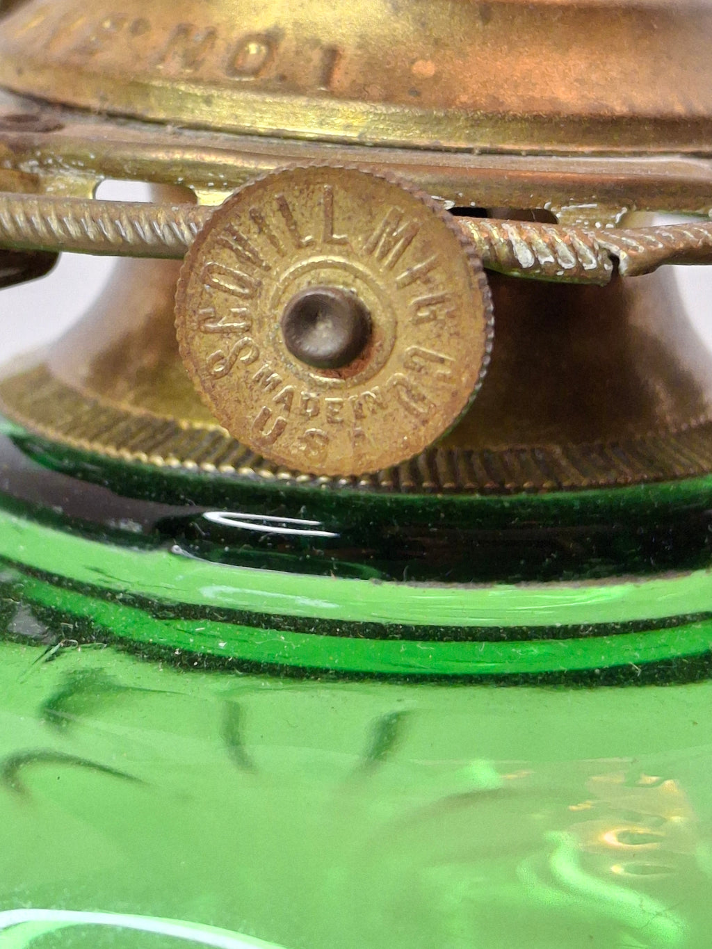 Antique Emerald Green Glass Kerosene Lamp Star of David Base Queen Anne Burner