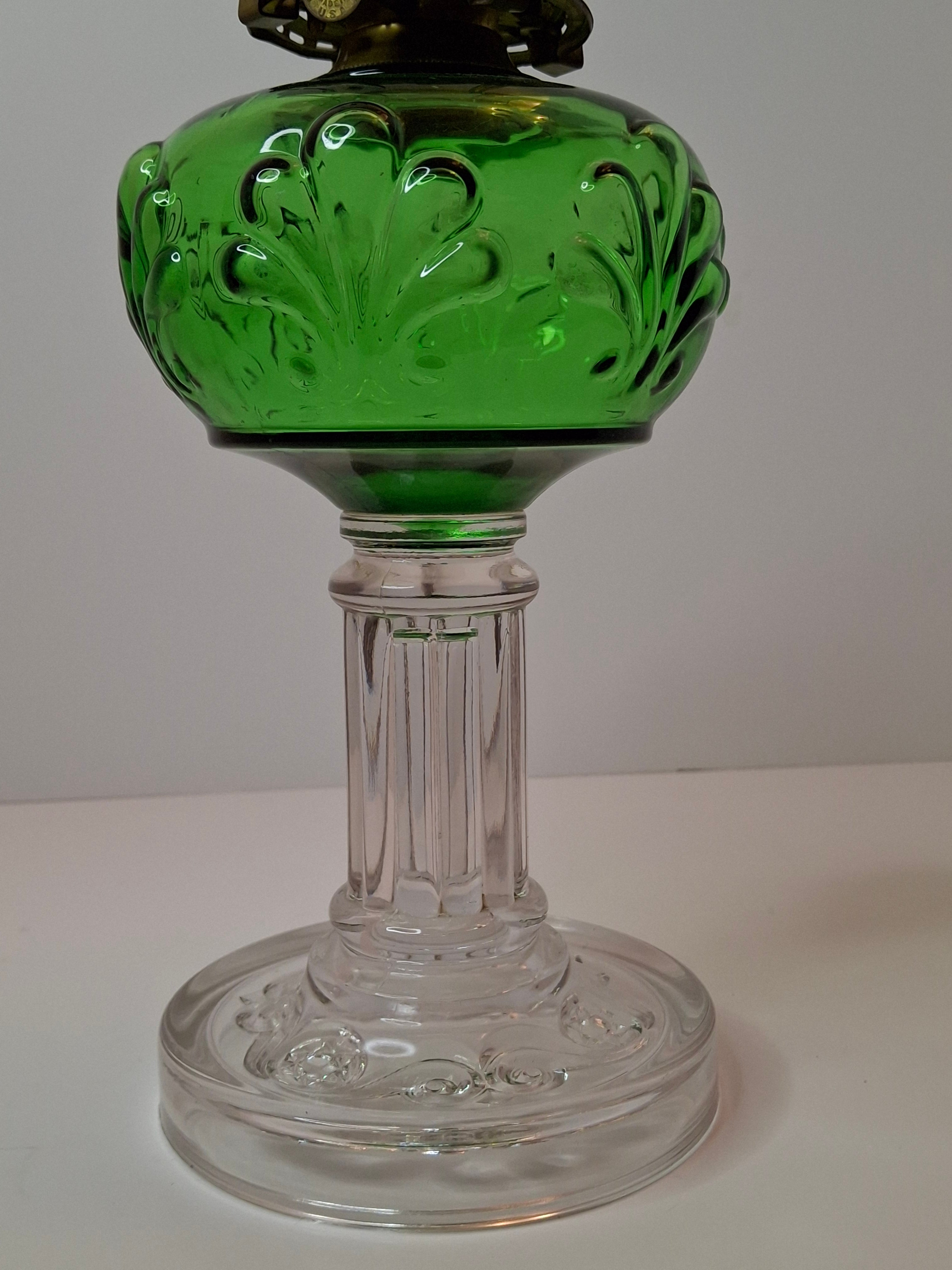 Antique Emerald Green Glass Kerosene Lamp Star of David Base Queen Anne Burner