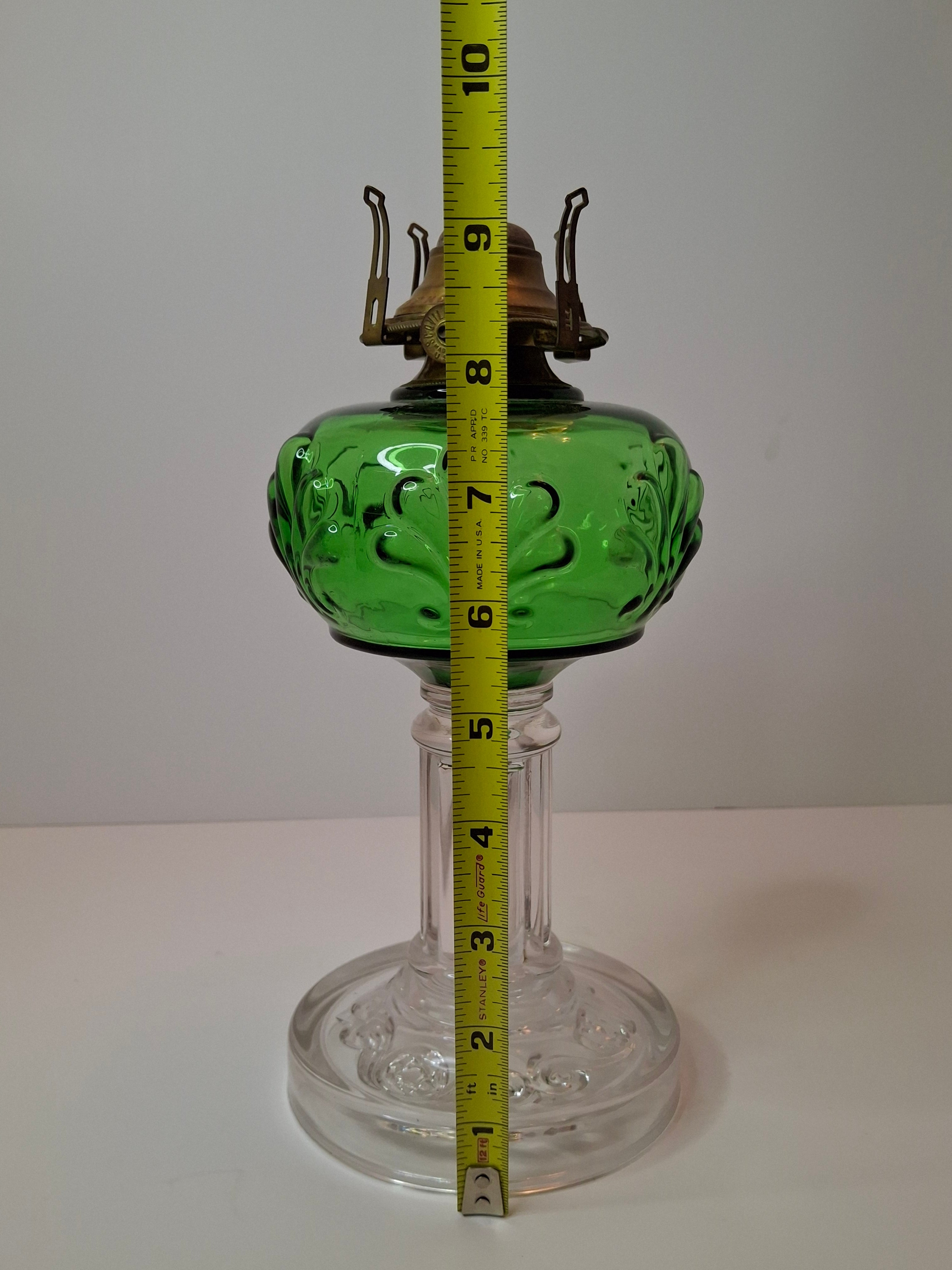 Antique Emerald Green Glass Kerosene Lamp Star of David Base Queen Anne Burner