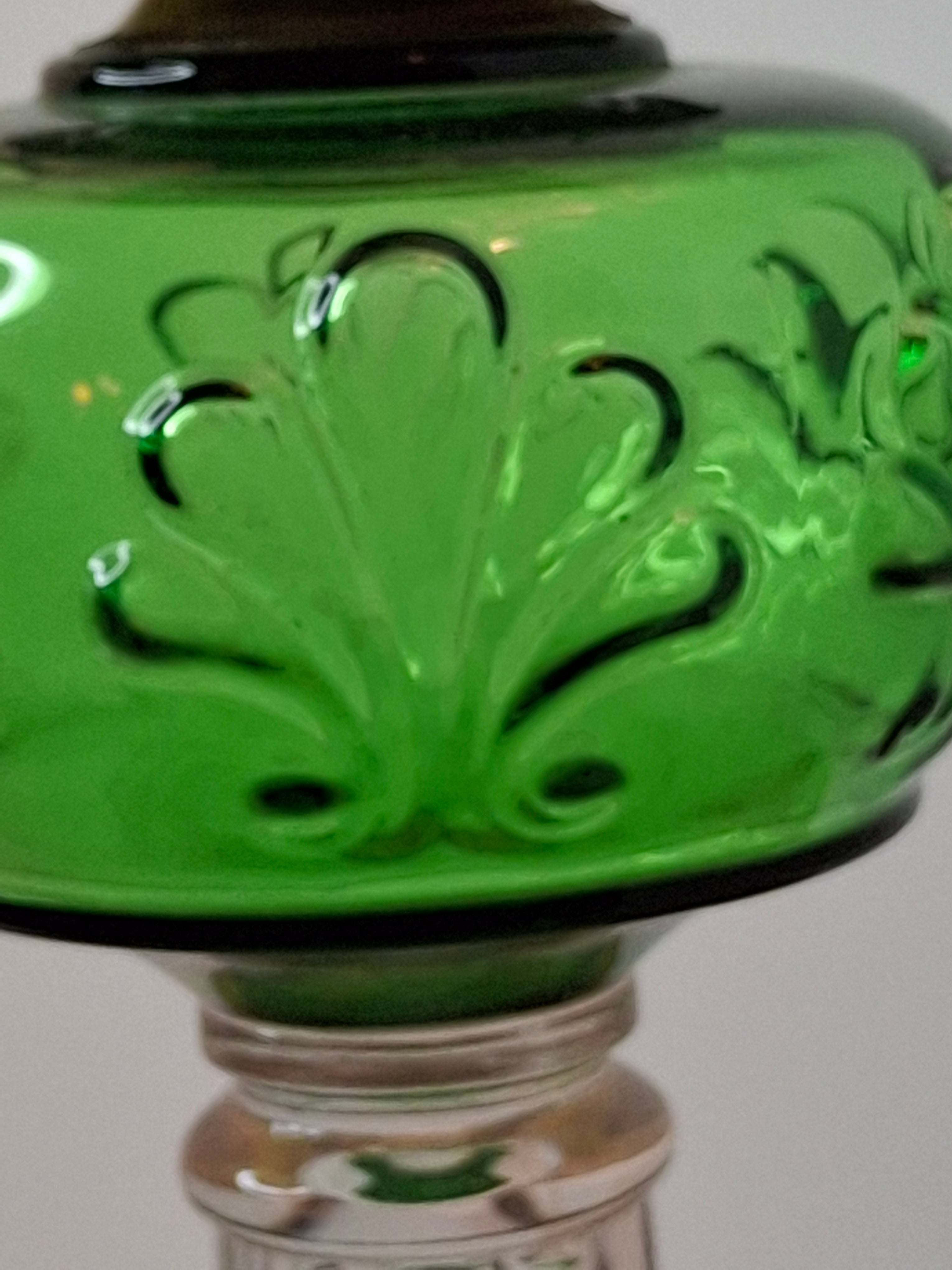 Antique Emerald Green Glass Kerosene Lamp Star of David Base Queen Anne Burner