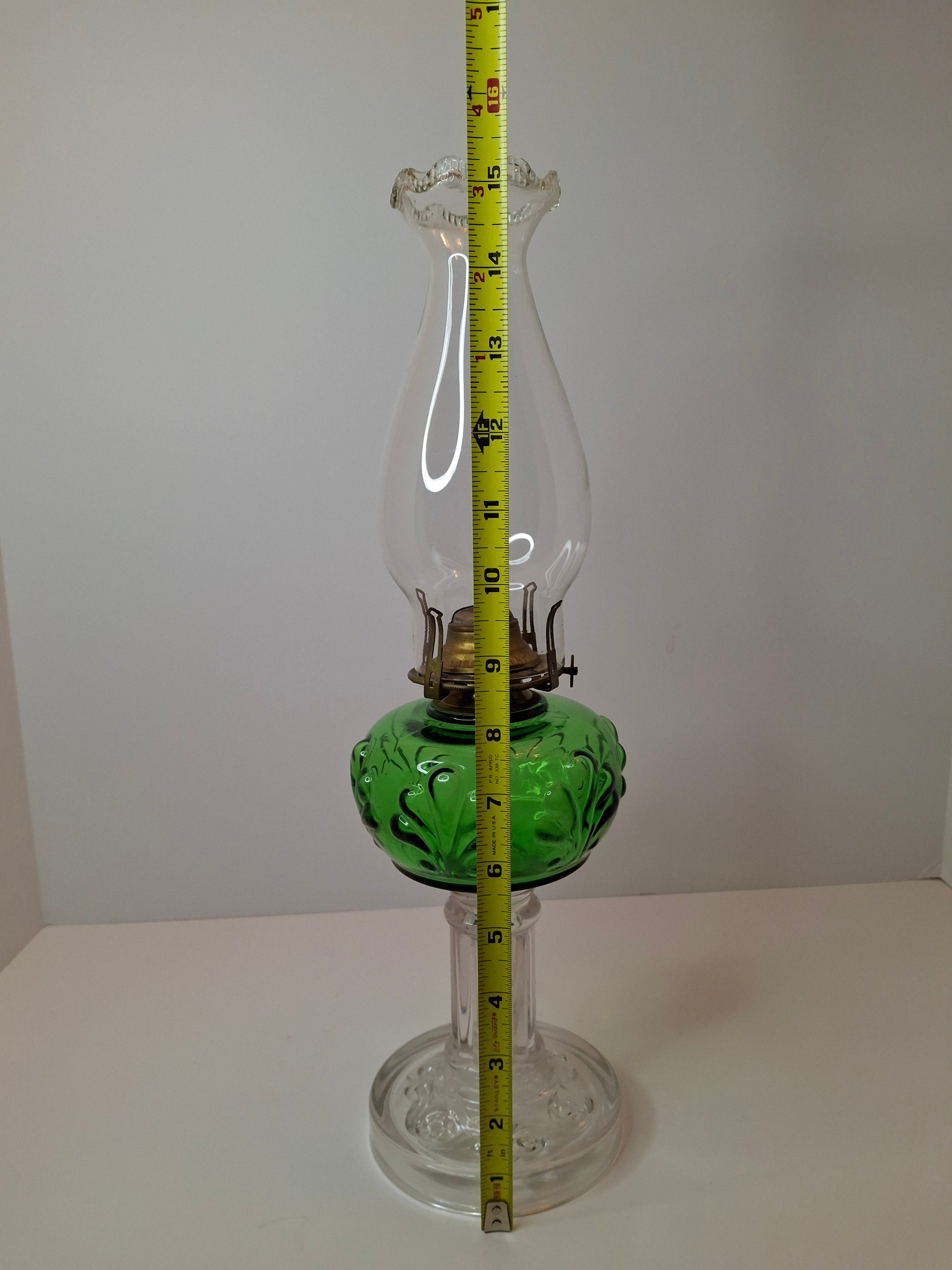 Antique Emerald Green Glass Kerosene Lamp Star of David Base Queen Anne Burner