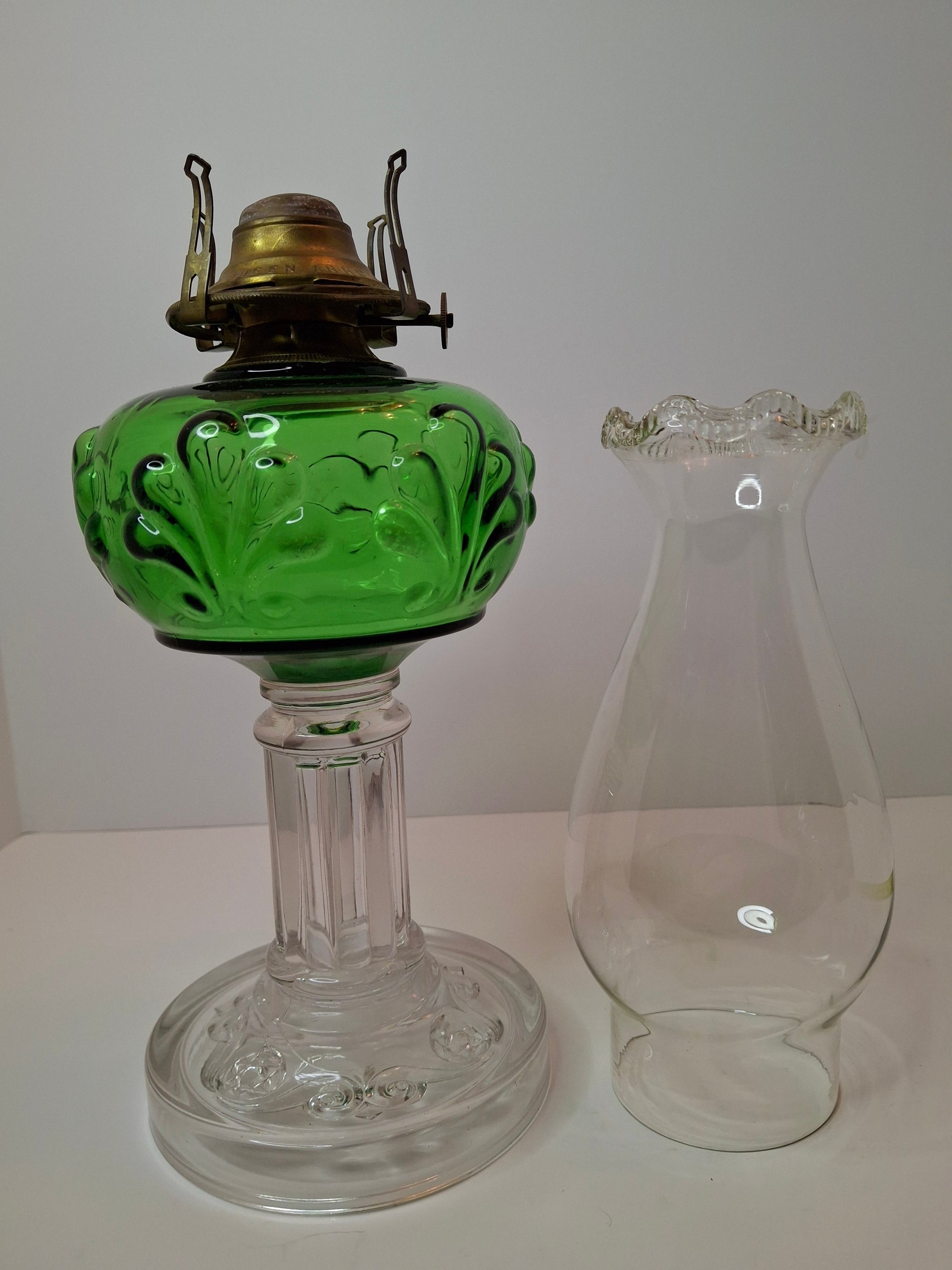 Antique Emerald Green Glass Kerosene Lamp Star of David Base Queen Anne Burner